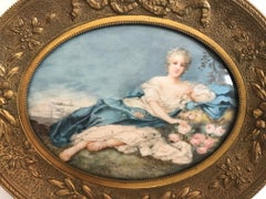 18th Century French Miniature Genre Painting in Ormolu Frame