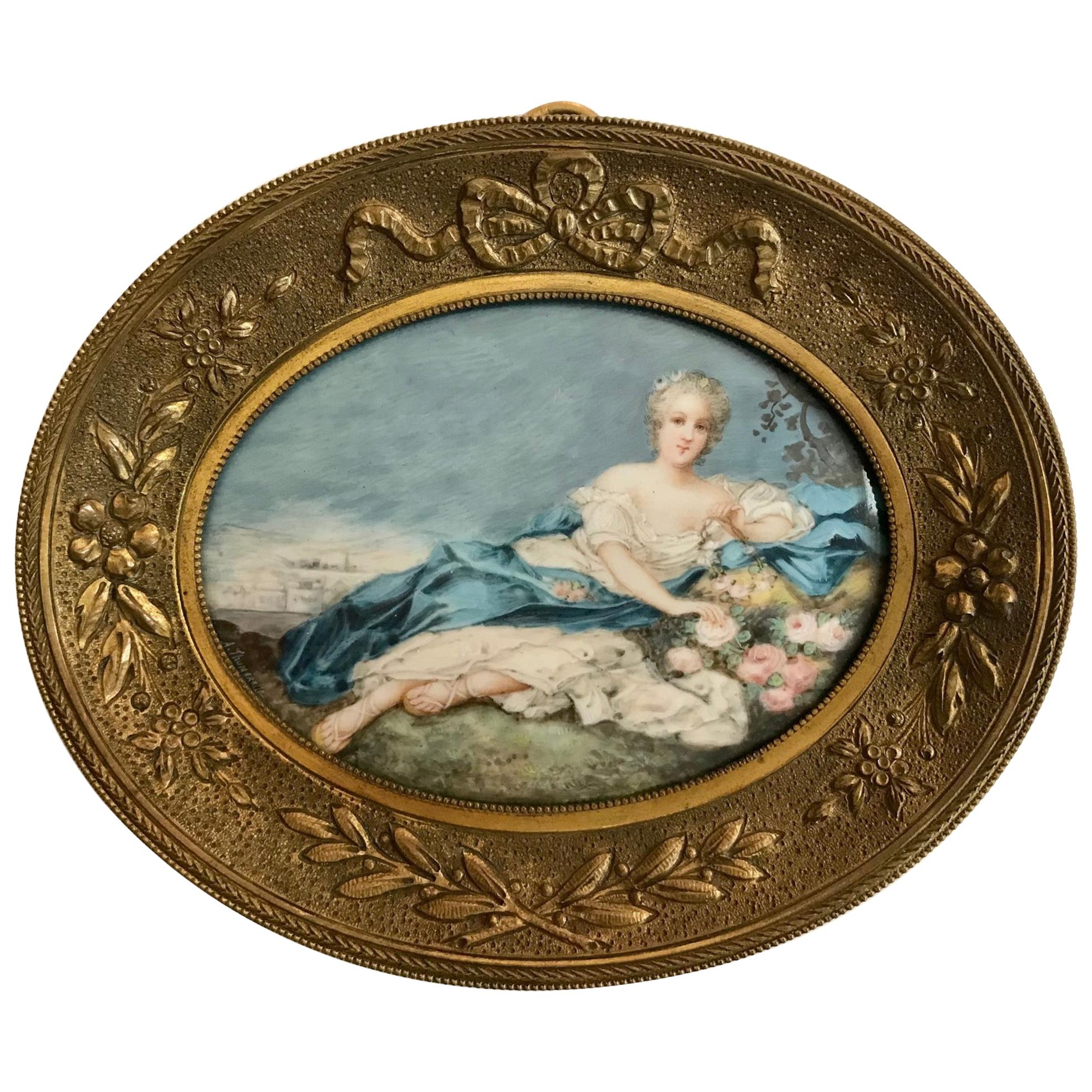 18th Century French Miniature Genre Painting in Ormolu Frame