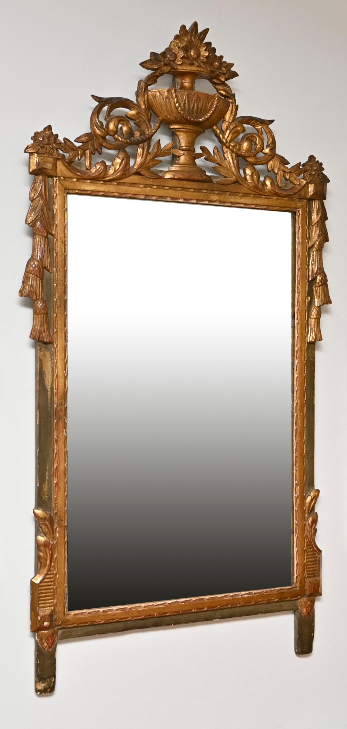 Louis XVI 18th Century French Mirror Louis Seize Gilded Wood Carved Original Mirror Glass For Sale