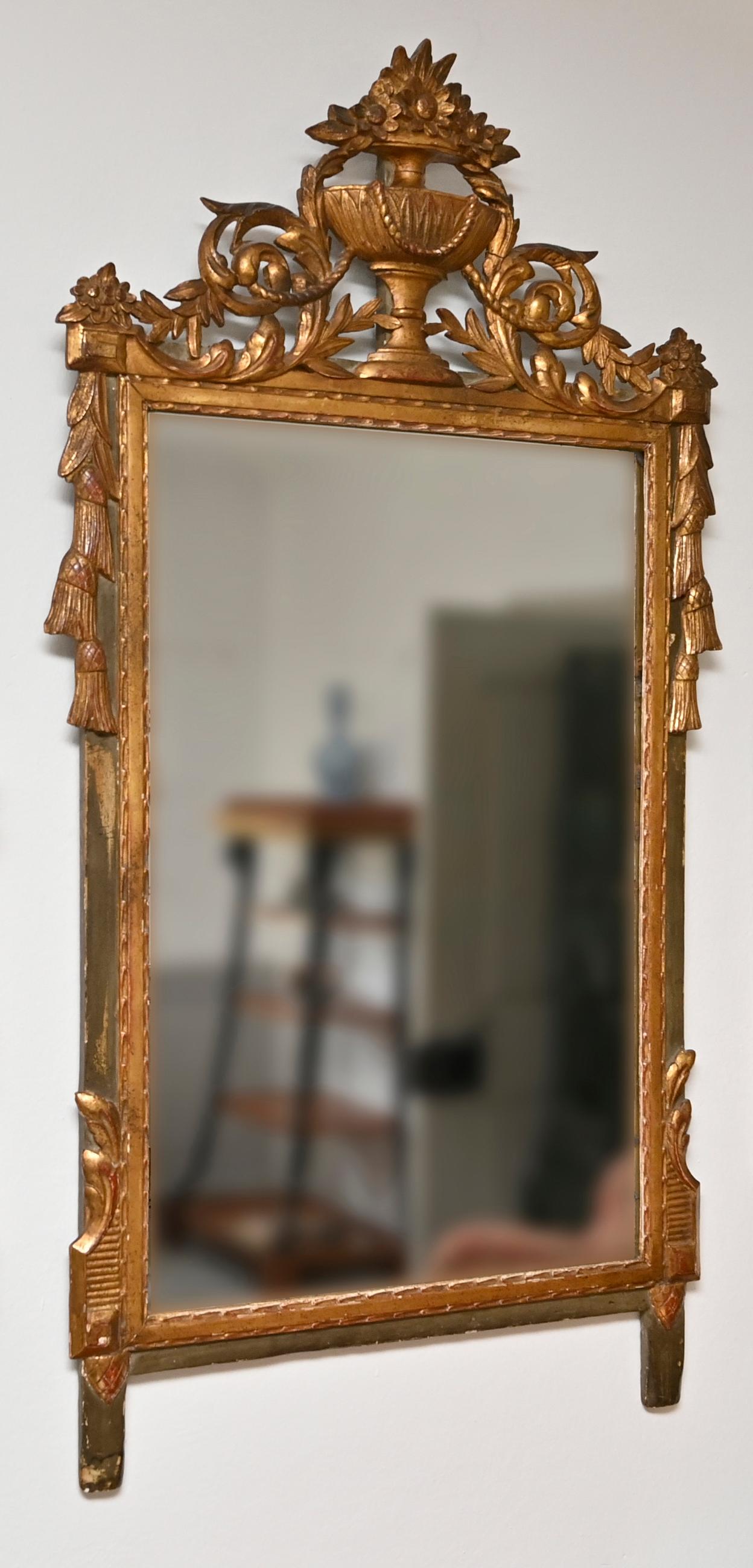 Hand-Carved 18th Century French Mirror Louis Seize Gilded Wood Carved Original Mirror Glass For Sale