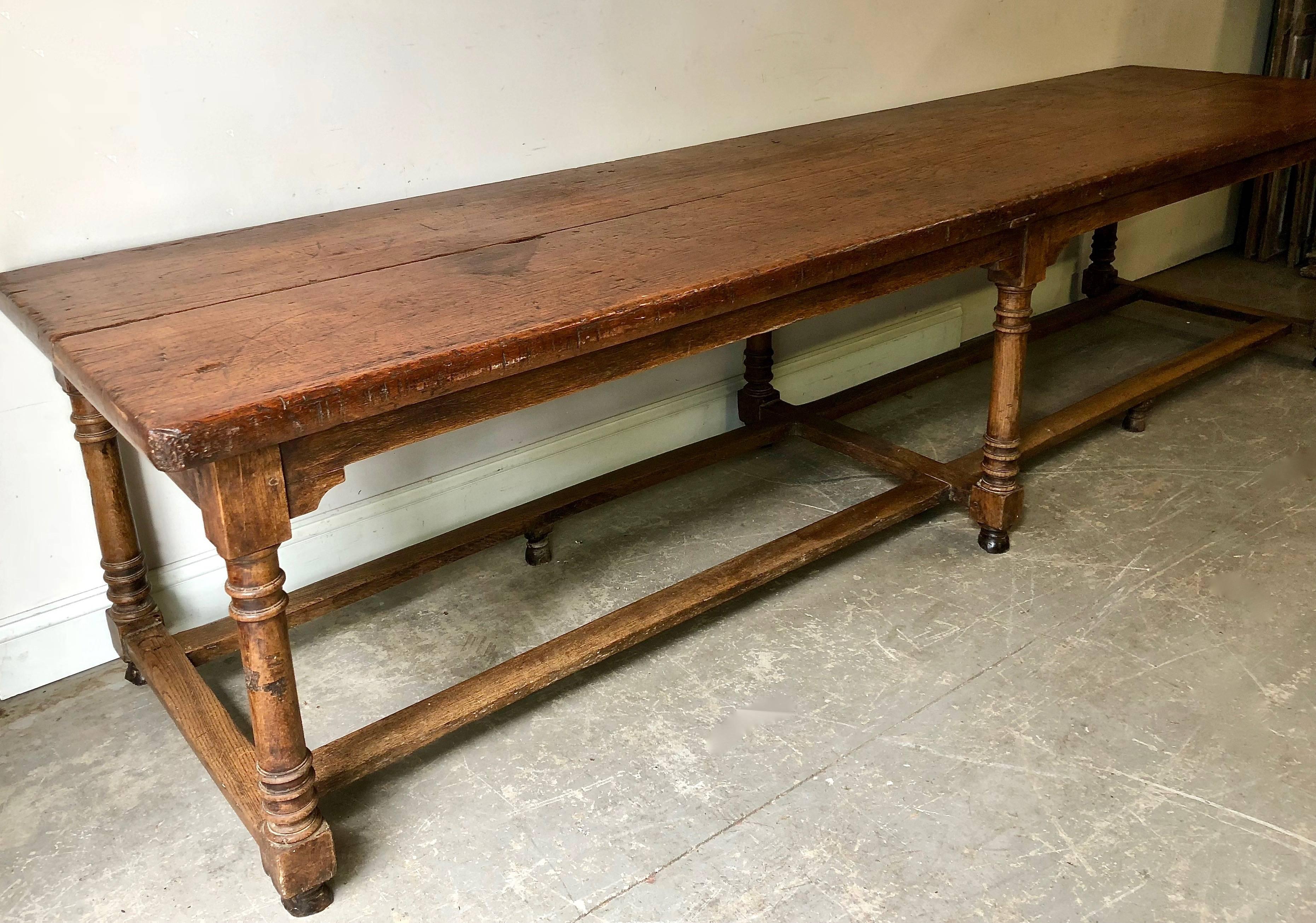 Very large 18th century oak French Monastery balustrade table with top wide solid planks - all in handsome original patina.
Toulouse, France, 18th century.
