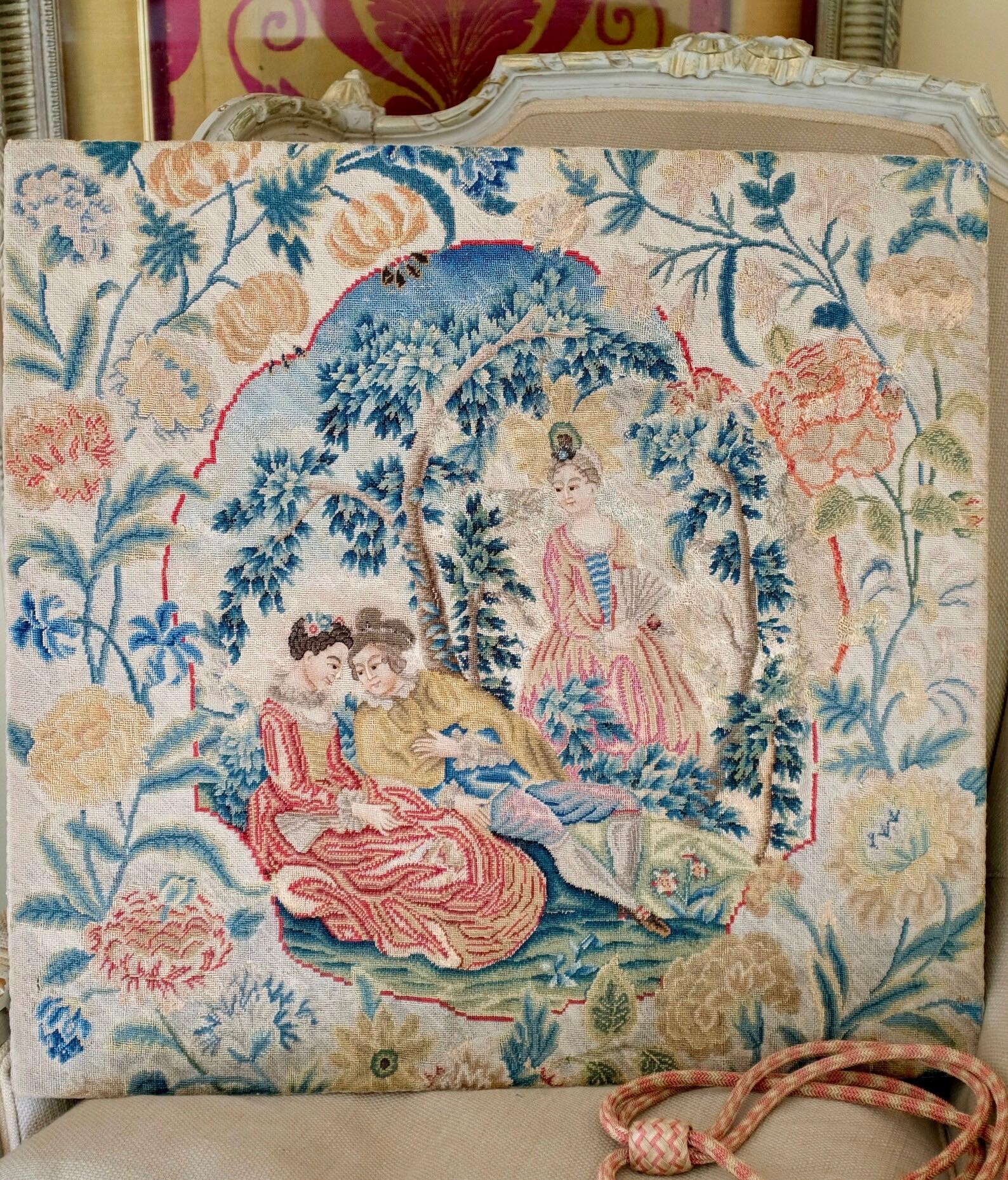 An 18th Century Needlework Panel

Most likely English and dating from circa 1740

A large panel. Very fine intricate Petit Point worked in wool and silks

Depicting a courting couple under a tree with a chaperone holding a fan behind