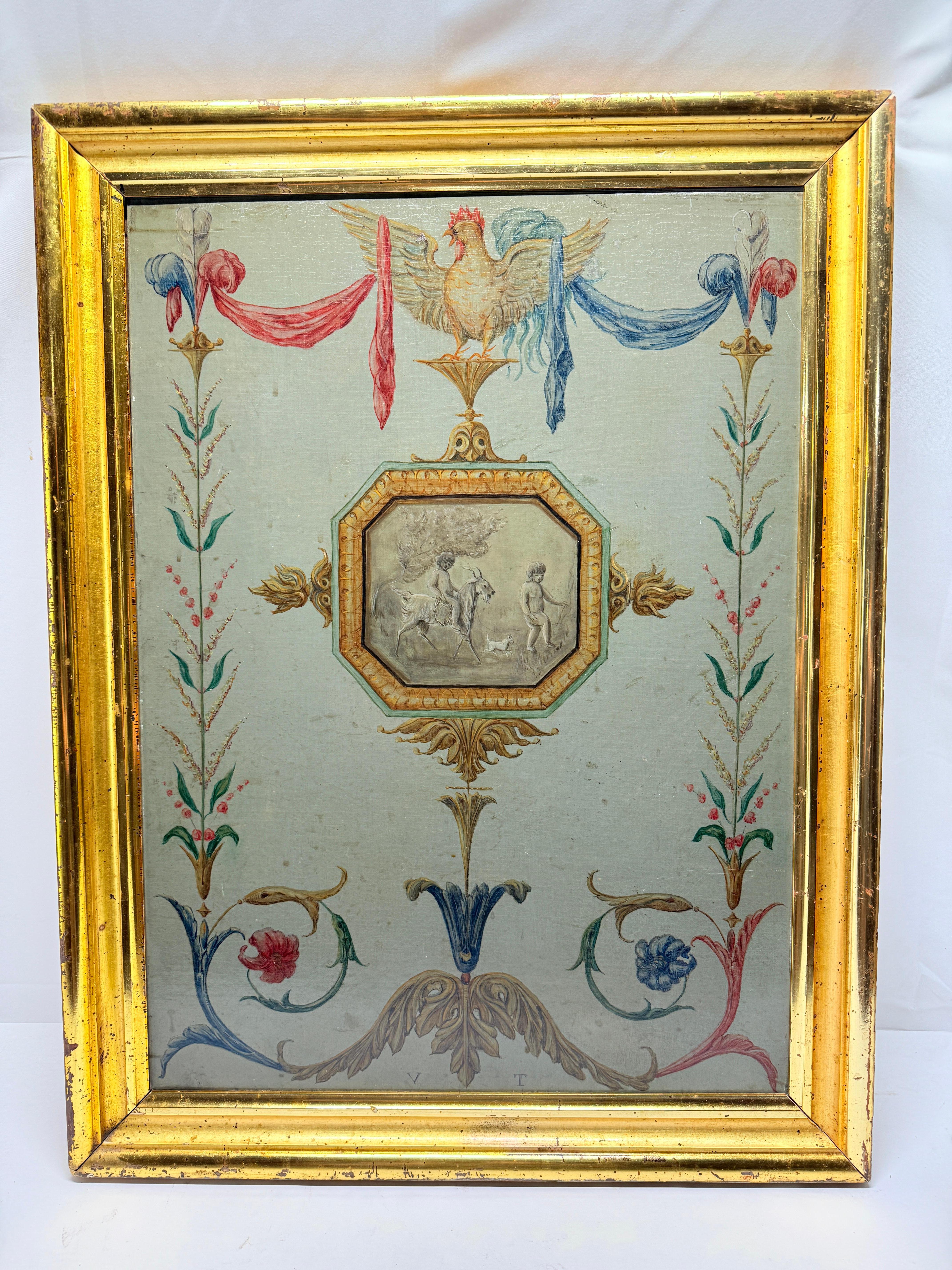 Please note this the painting is dark as original photograph displays. 

This exceptional late 18th-century Neoclassical hand-painted panel, crafted on canvas and mounted to a board, is a superb representation of the refined artistry of the era. At