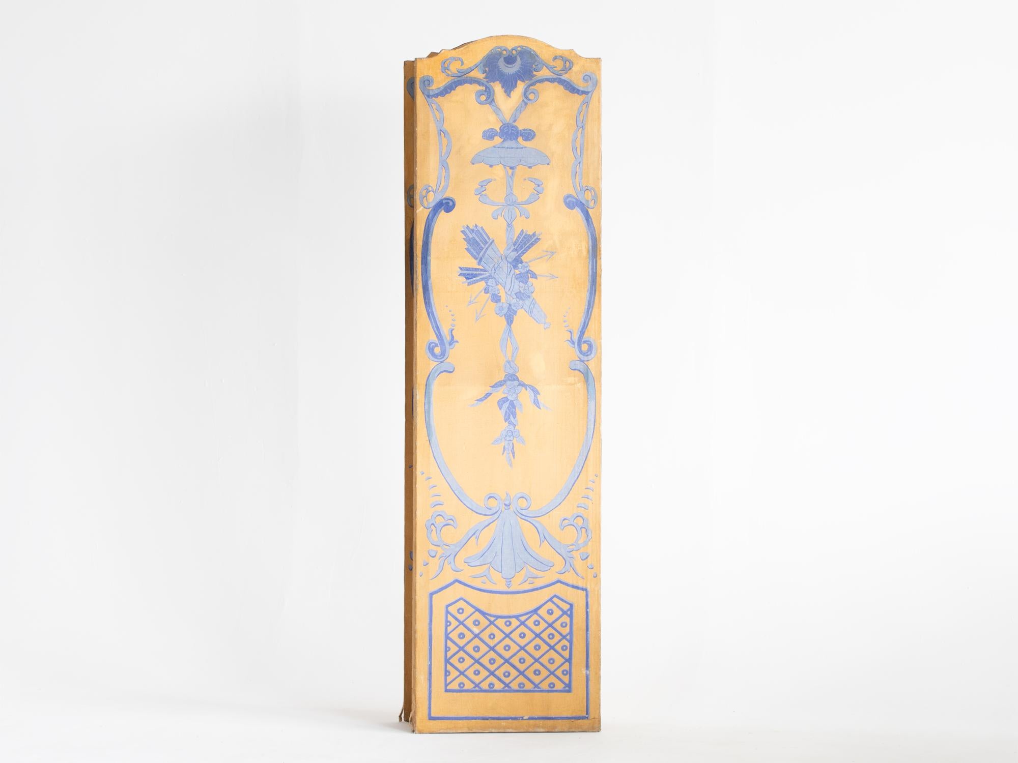 A three-fold screen or room divider with hand-painted neoclassical design. French with an Italian influence, late 18/early 19C.

Canvas stretched over a timber frame.

In very good order with colours remaining vibrant. Minor age-related wear with no