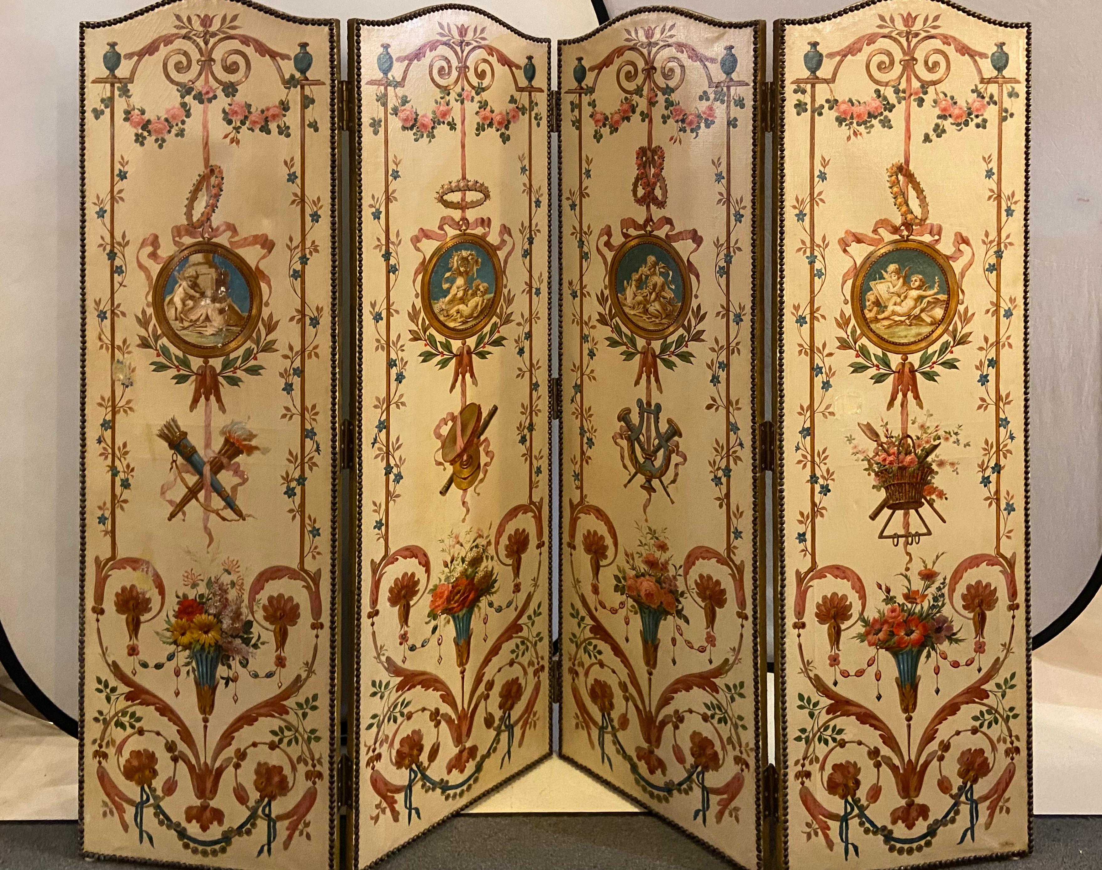 19th century French oil canvas, hand painted four-panel room divider/screen
The divider has four finely painted folding panels, each panel features a portrait of cherubs in a floral background in a glamorous pink. The back of the panels are painted
