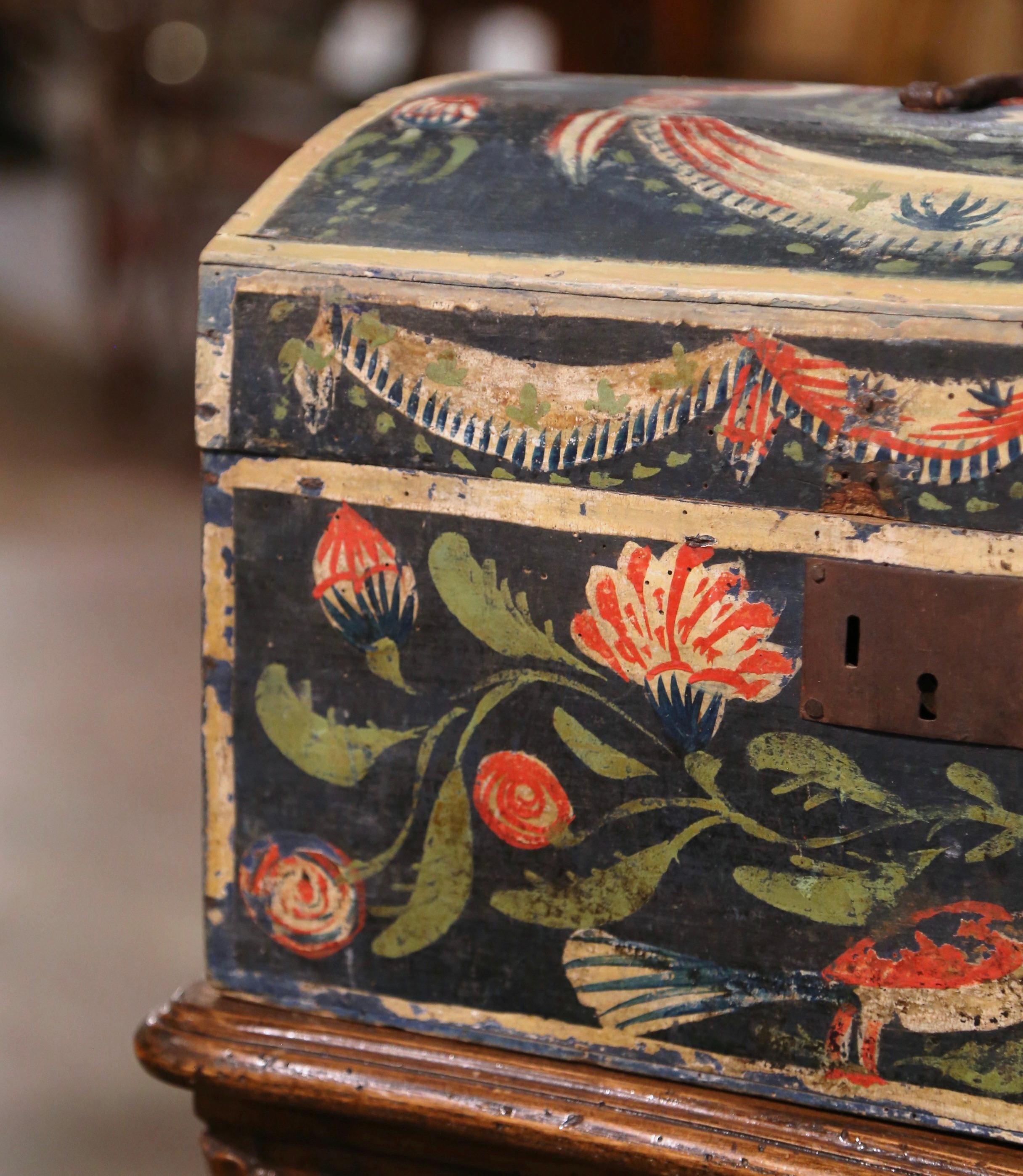 Country 18th Century French Normand Painted Wedding Box with Bird and Floral Motifs