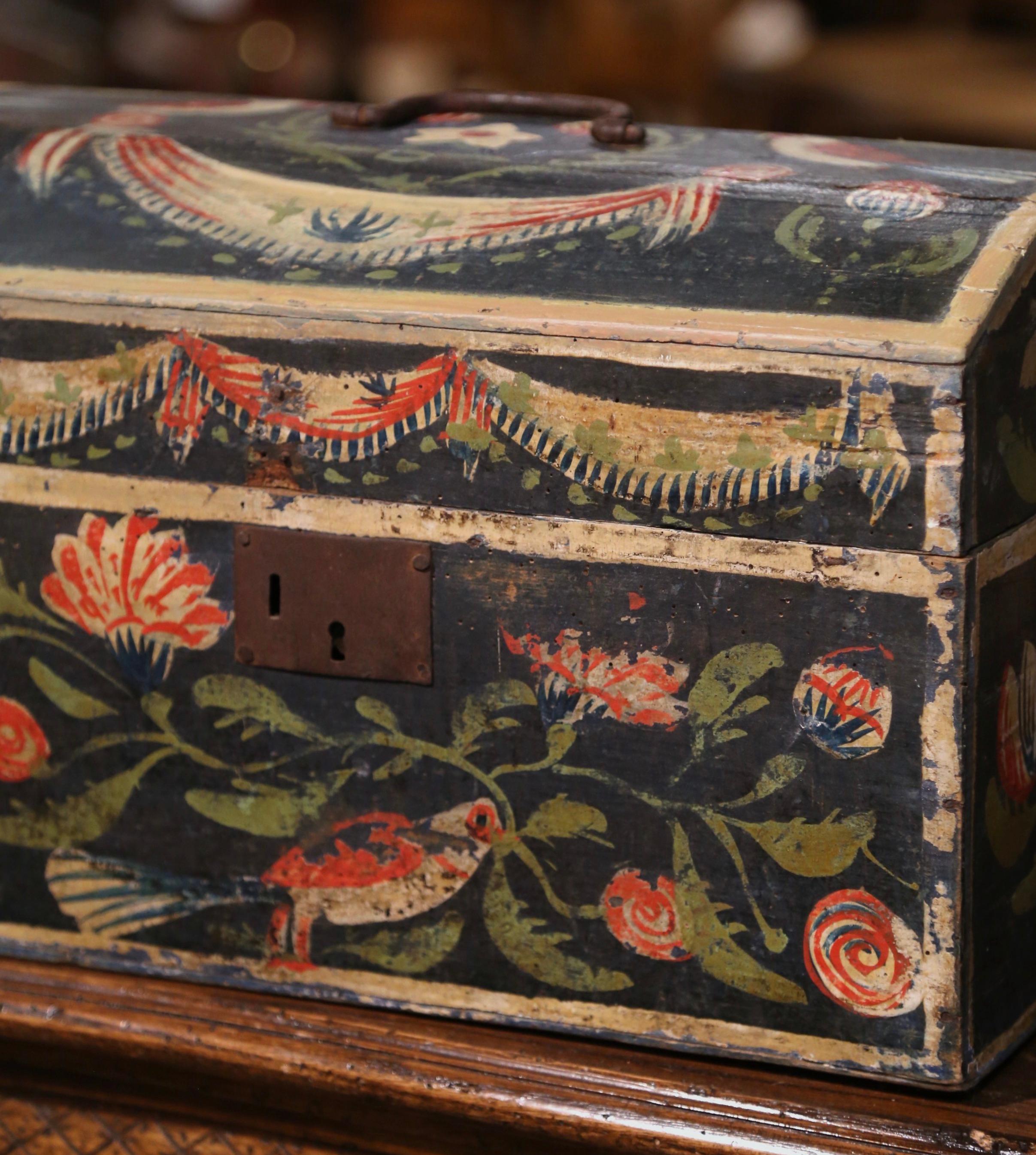 Hand-Crafted 18th Century French Normand Painted Wedding Box with Bird and Floral Motifs