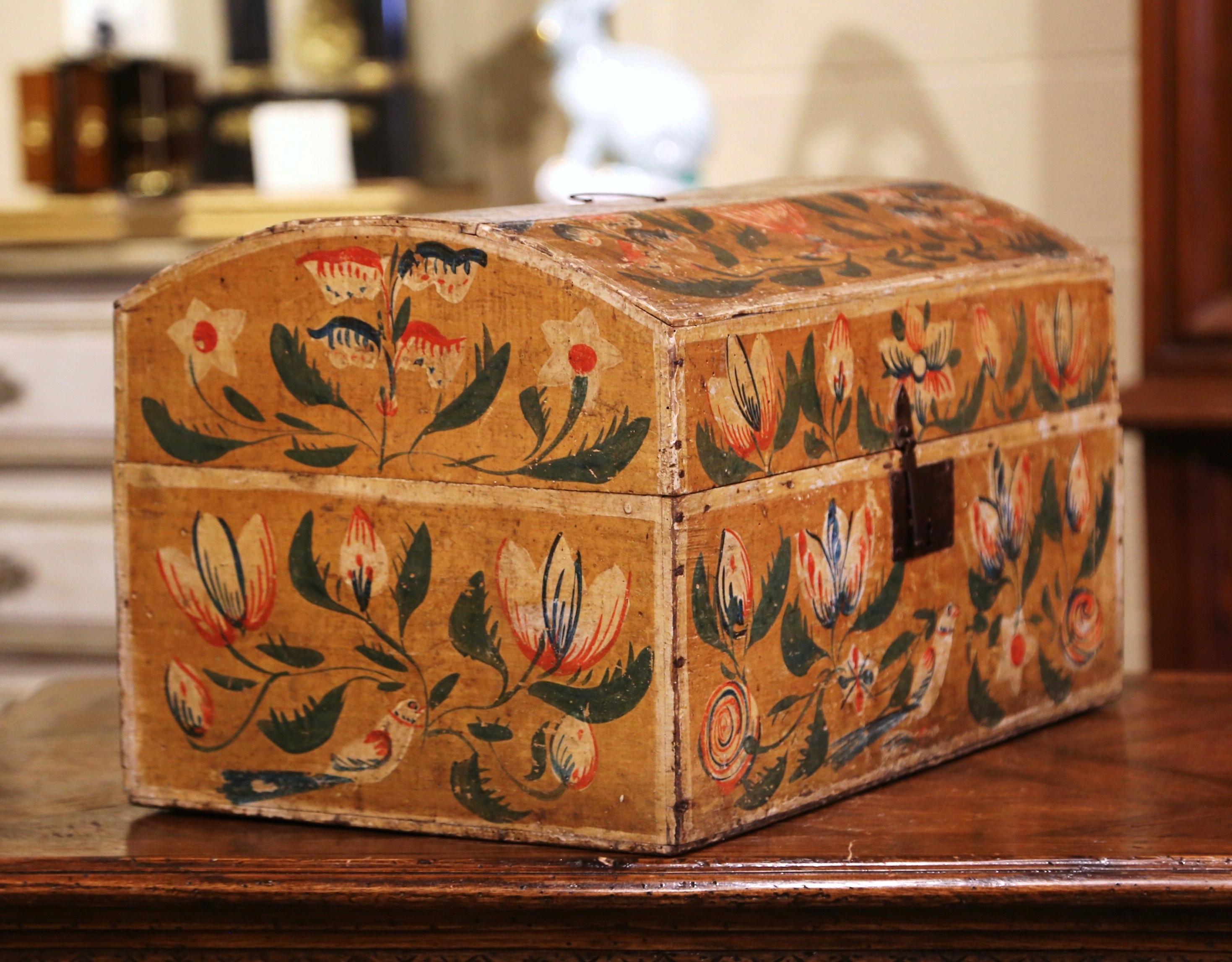 Country 18th Century French Normand Painted Wedding Box with Bird and Floral Motifs