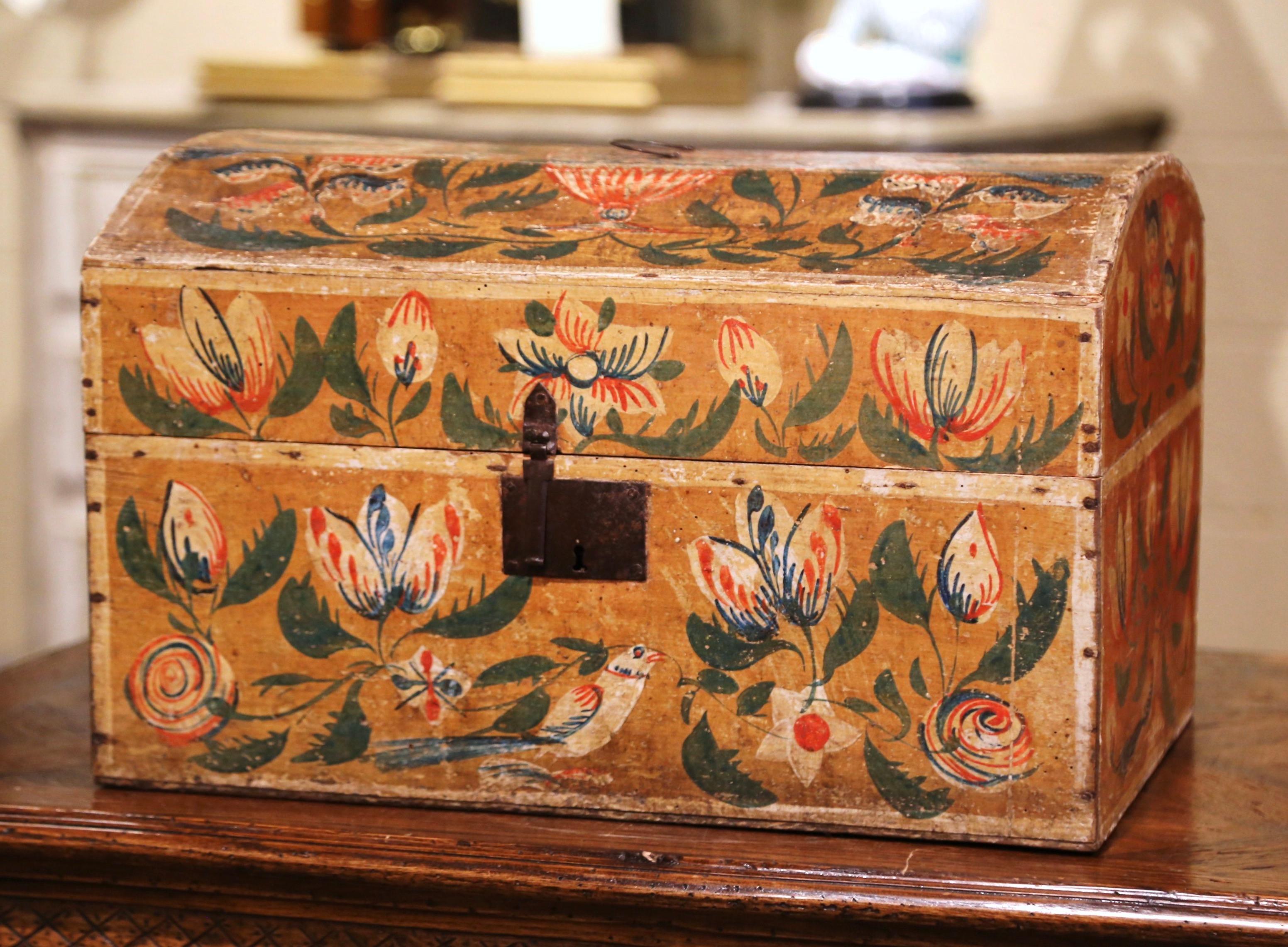 Patinated 18th Century French Normand Painted Wedding Box with Bird and Floral Motifs