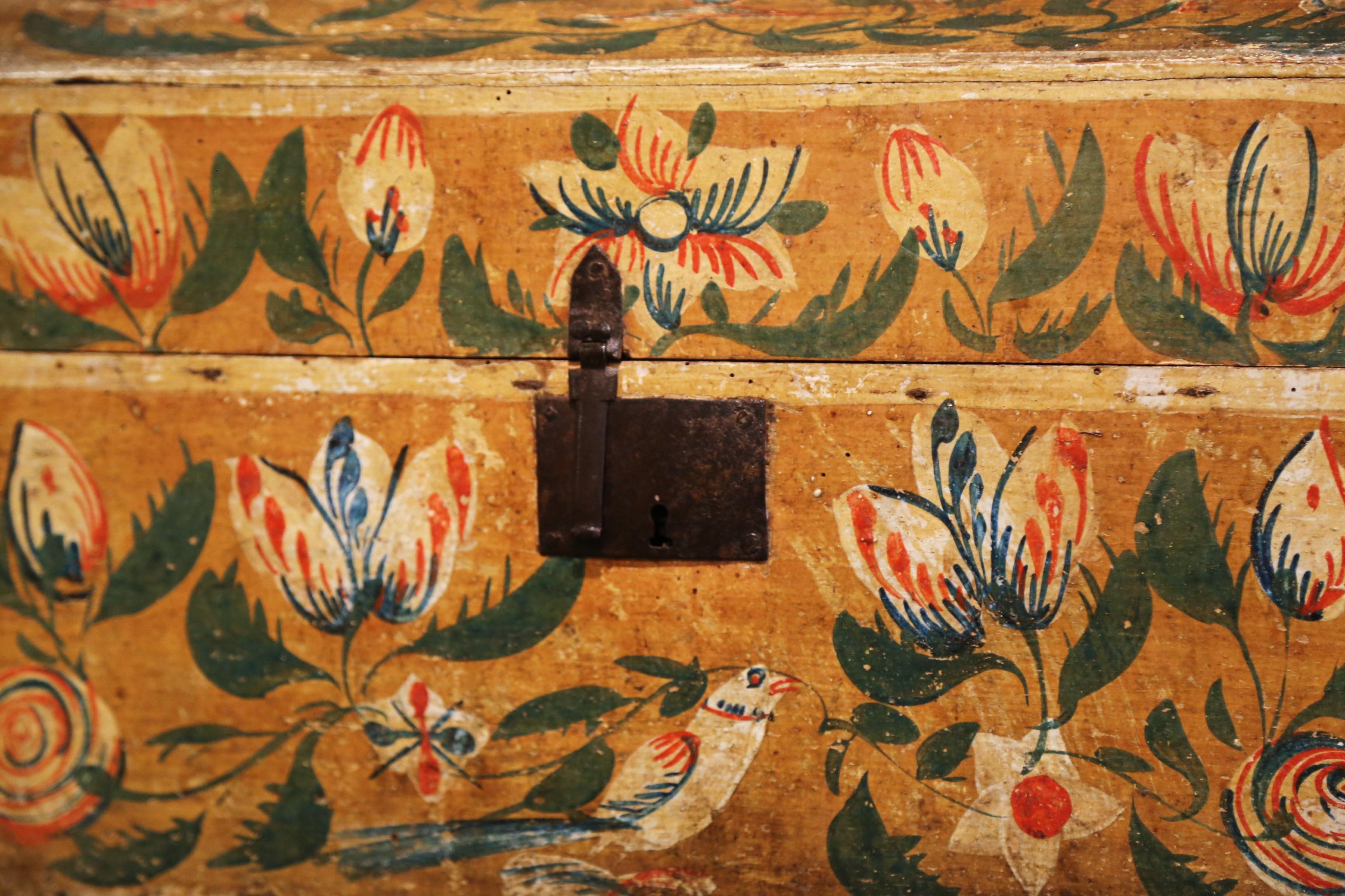 Wood 18th Century French Normand Painted Wedding Box with Bird and Floral Motifs
