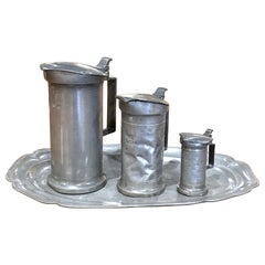 18th Century French Normandy Pewter Litre Measures, Set of 3 with Tray