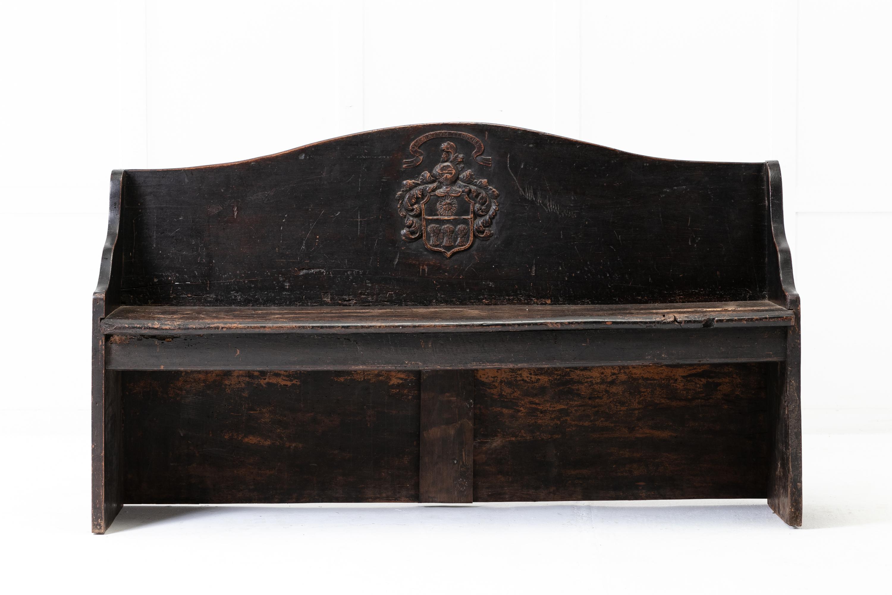 18th century French oak bench/settle with high, shaped back and a carved inscription 