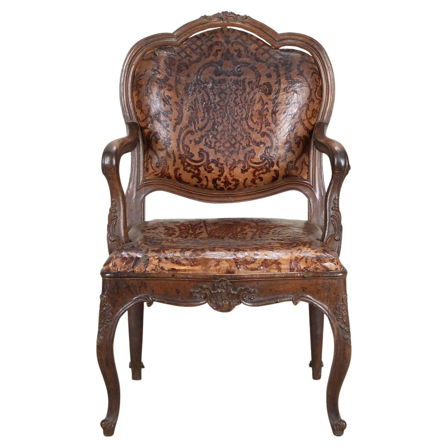 18th Century French Oak & Leather Fauteuil