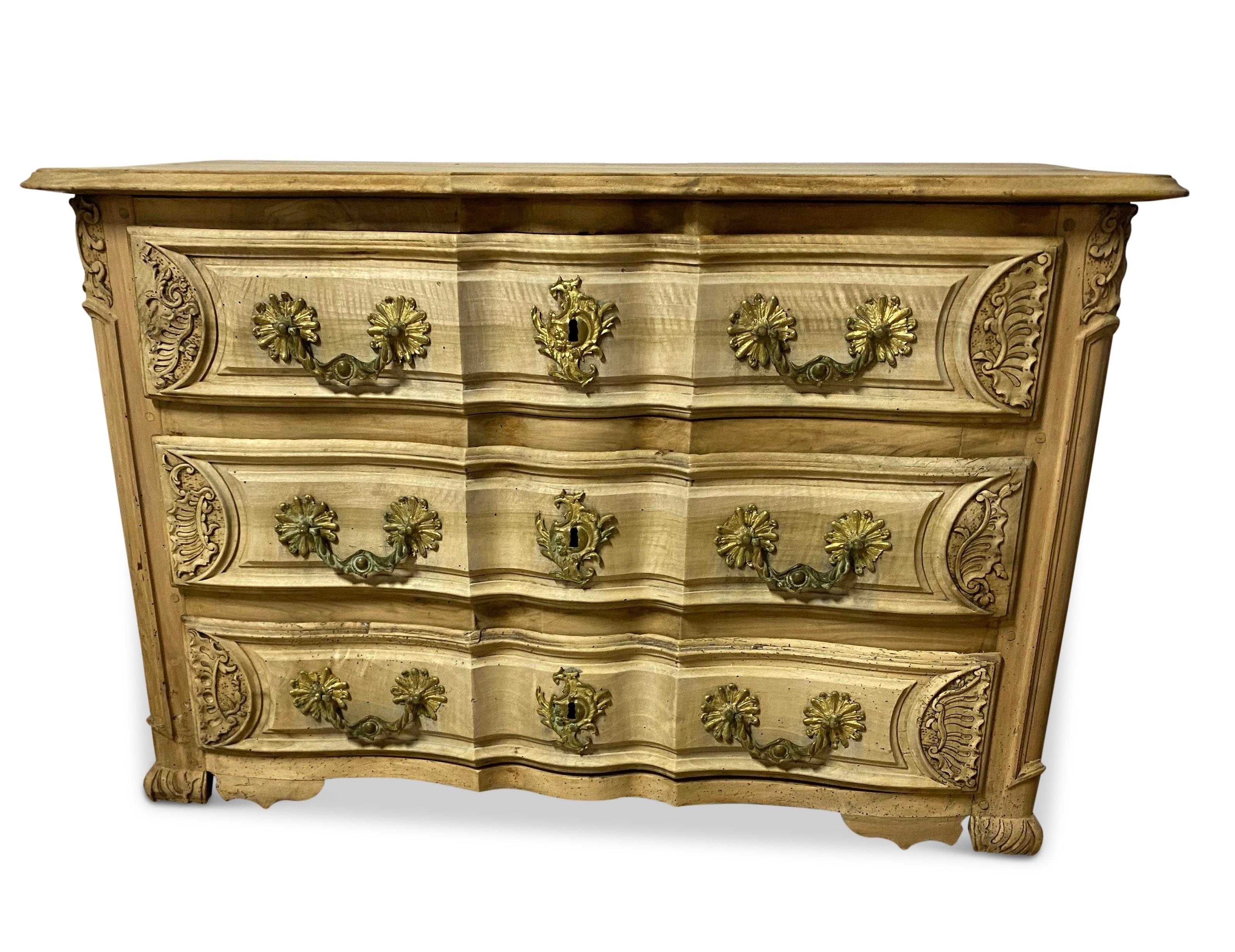 Bleached 18th Century French Oak Serpentine Commode  For Sale