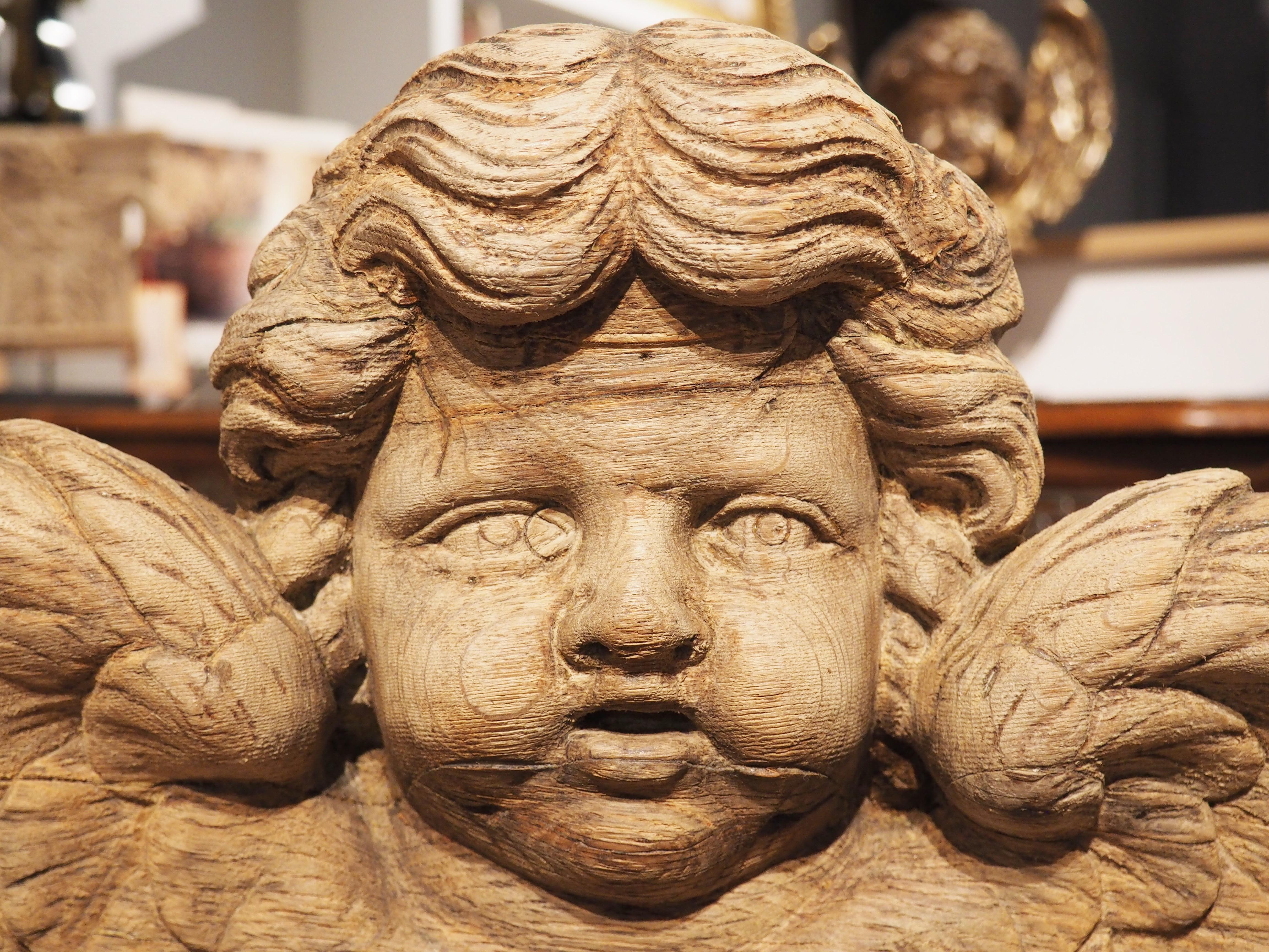 Hand-Carved 18th Century French Oak Winged Cherub Carving on Stand