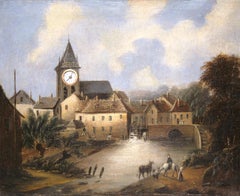18. Jahrhundert Französisch Öl auf Leinwand "Clock Painting" in geschnitzten vergoldeten Rahmen