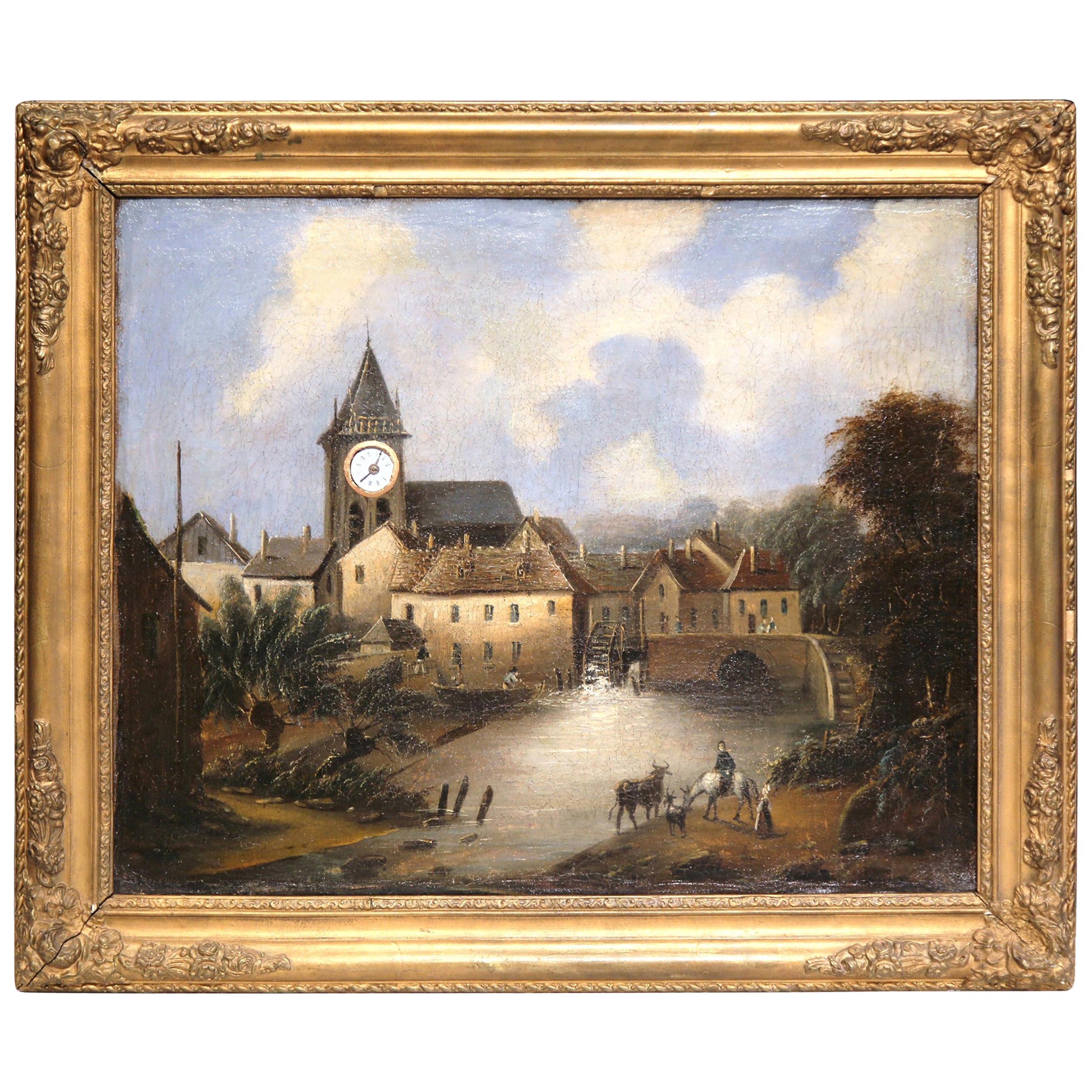 18th Century French Oil on Canvas "Clock Painting" in Carved Gilt Frame