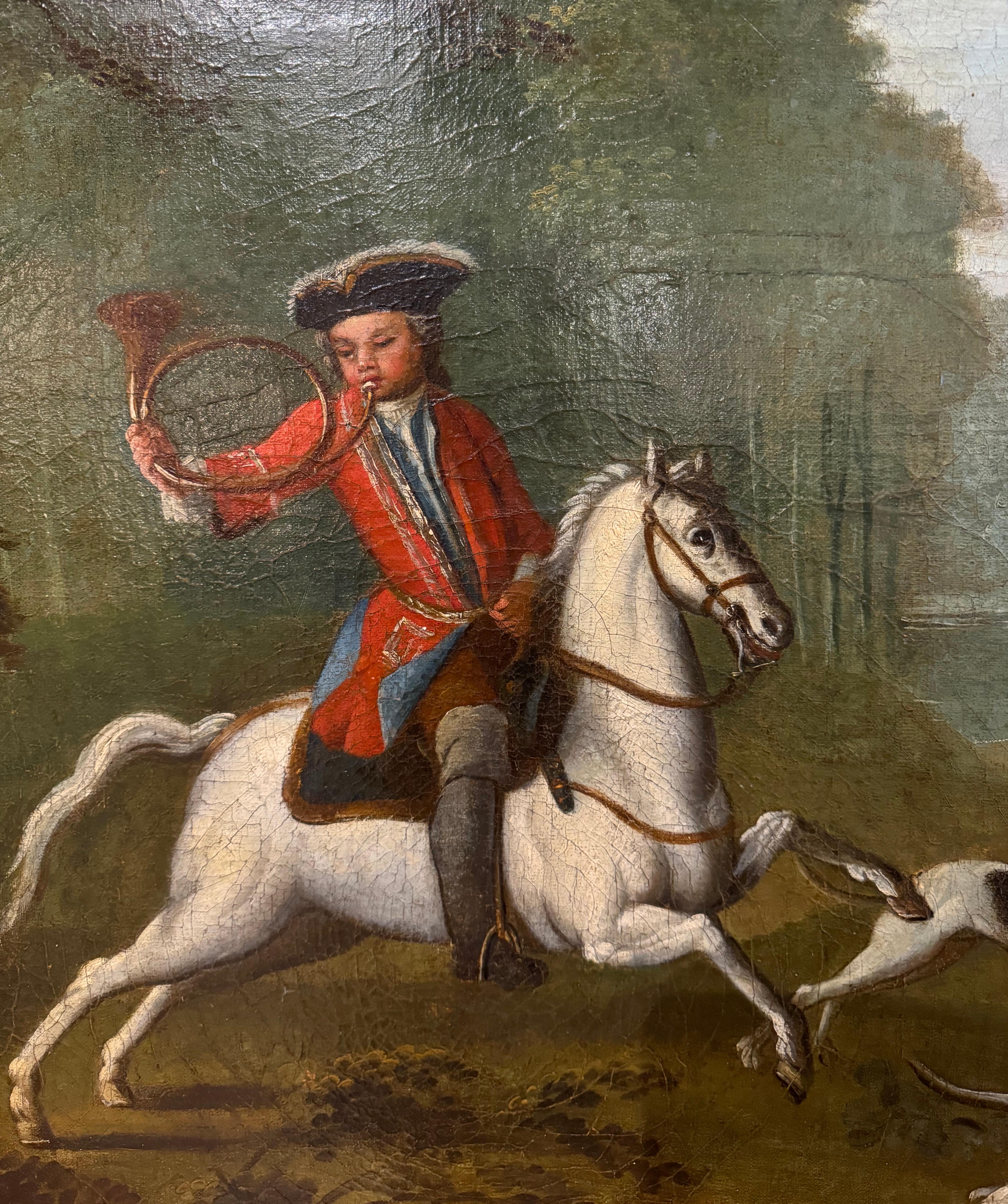 Louis XV 18th Century French Oil on Canvas Hunt Scene Painting in Gilt and Black Frame
