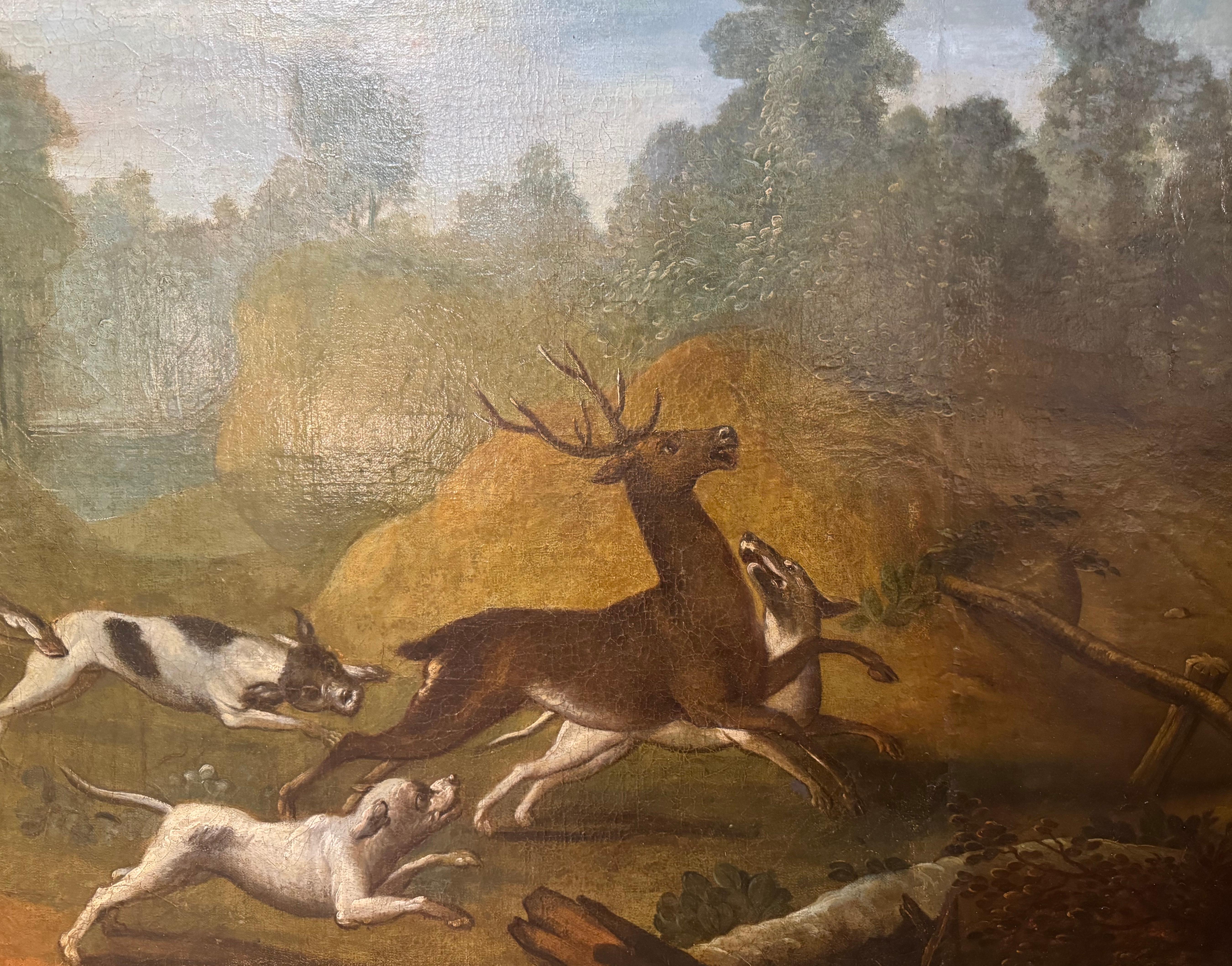 Hand-Carved 18th Century French Oil on Canvas Hunt Scene Painting in Gilt and Black Frame