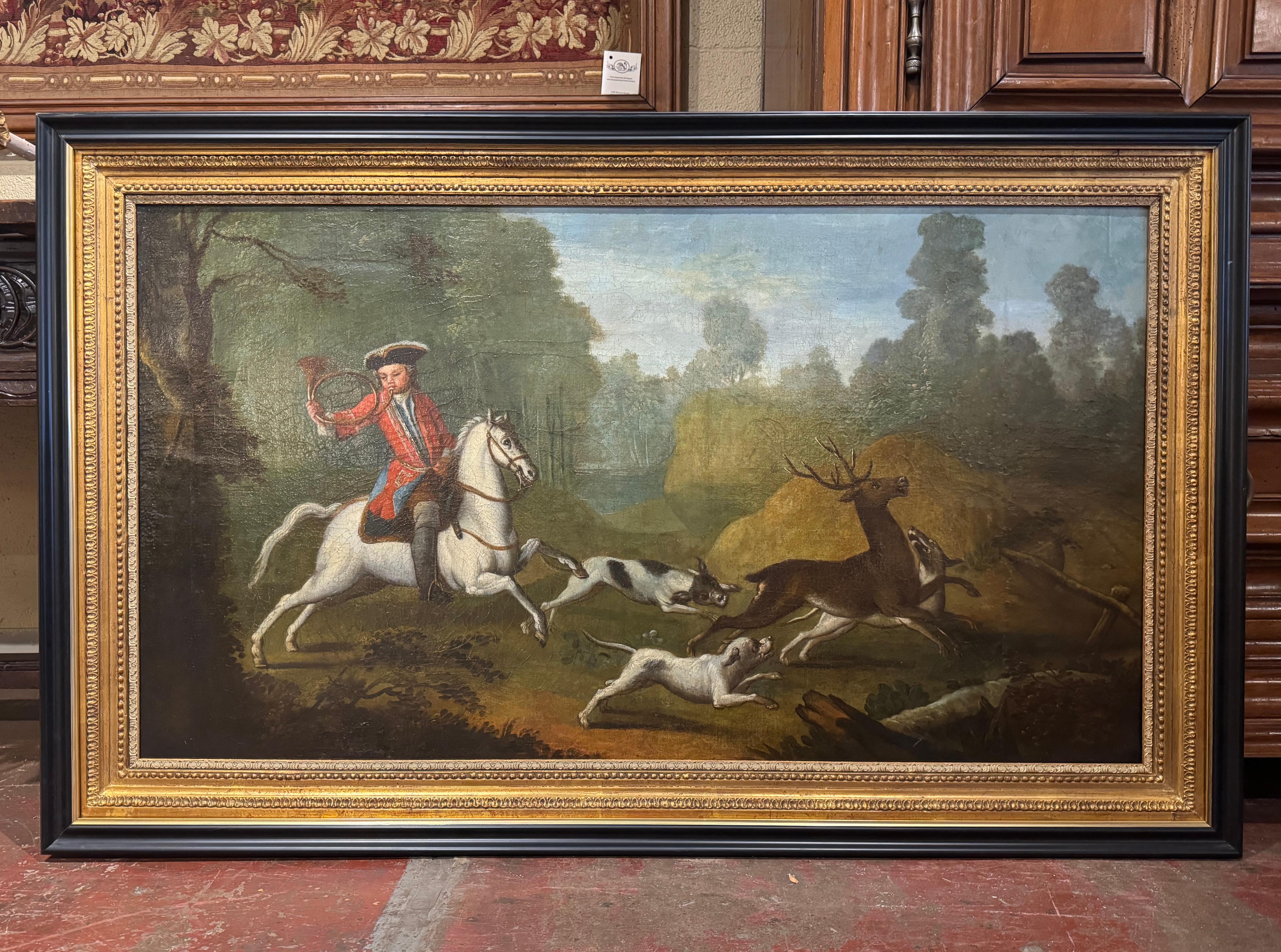 18th Century French Oil on Canvas Hunt Scene Painting in Gilt and Black Frame In Excellent Condition In Dallas, TX