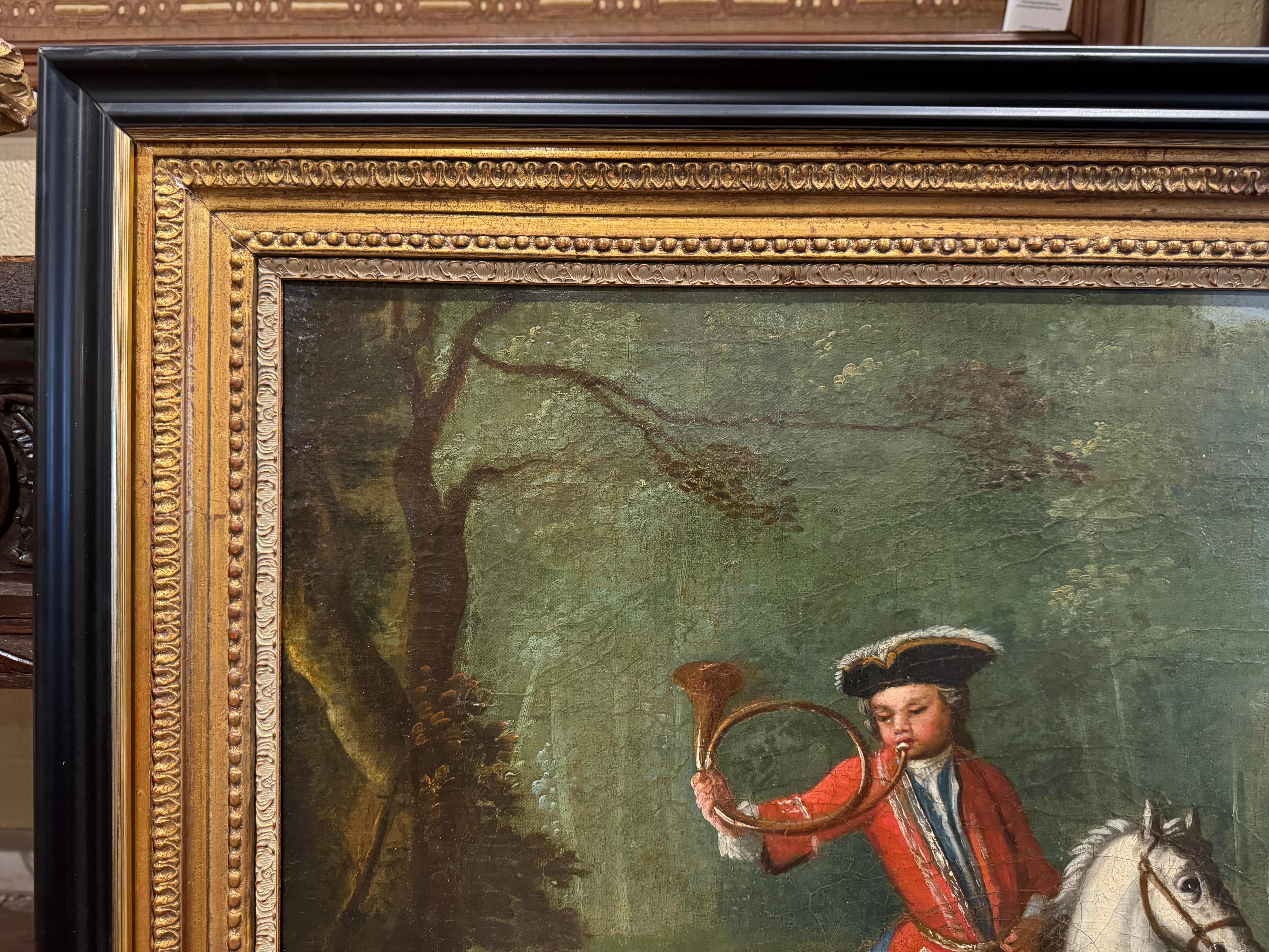 18th Century French Oil on Canvas Hunt Scene Painting in Gilt and Black Frame 1