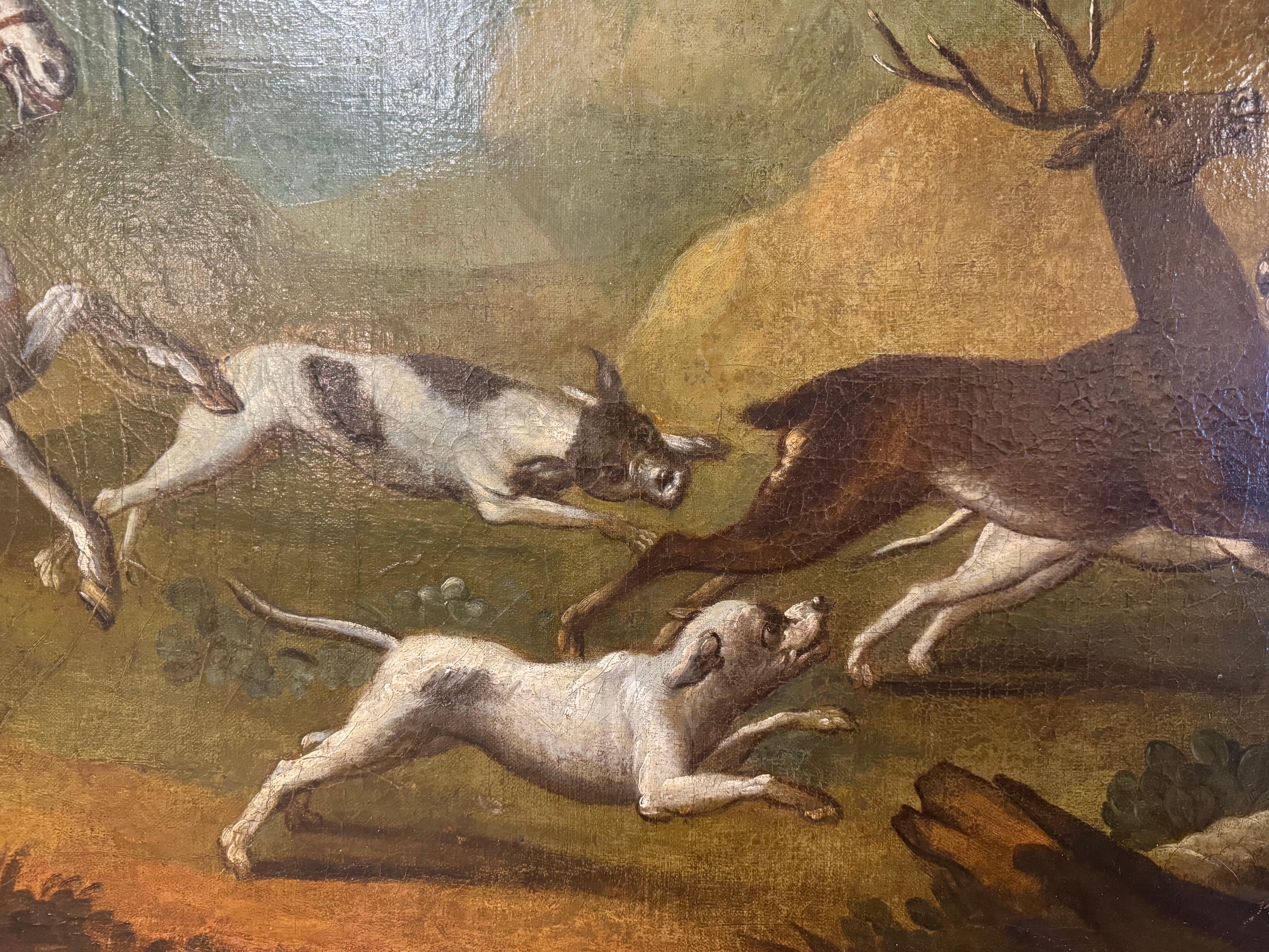 18th Century French Oil on Canvas Hunt Scene Painting in Gilt and Black Frame 2
