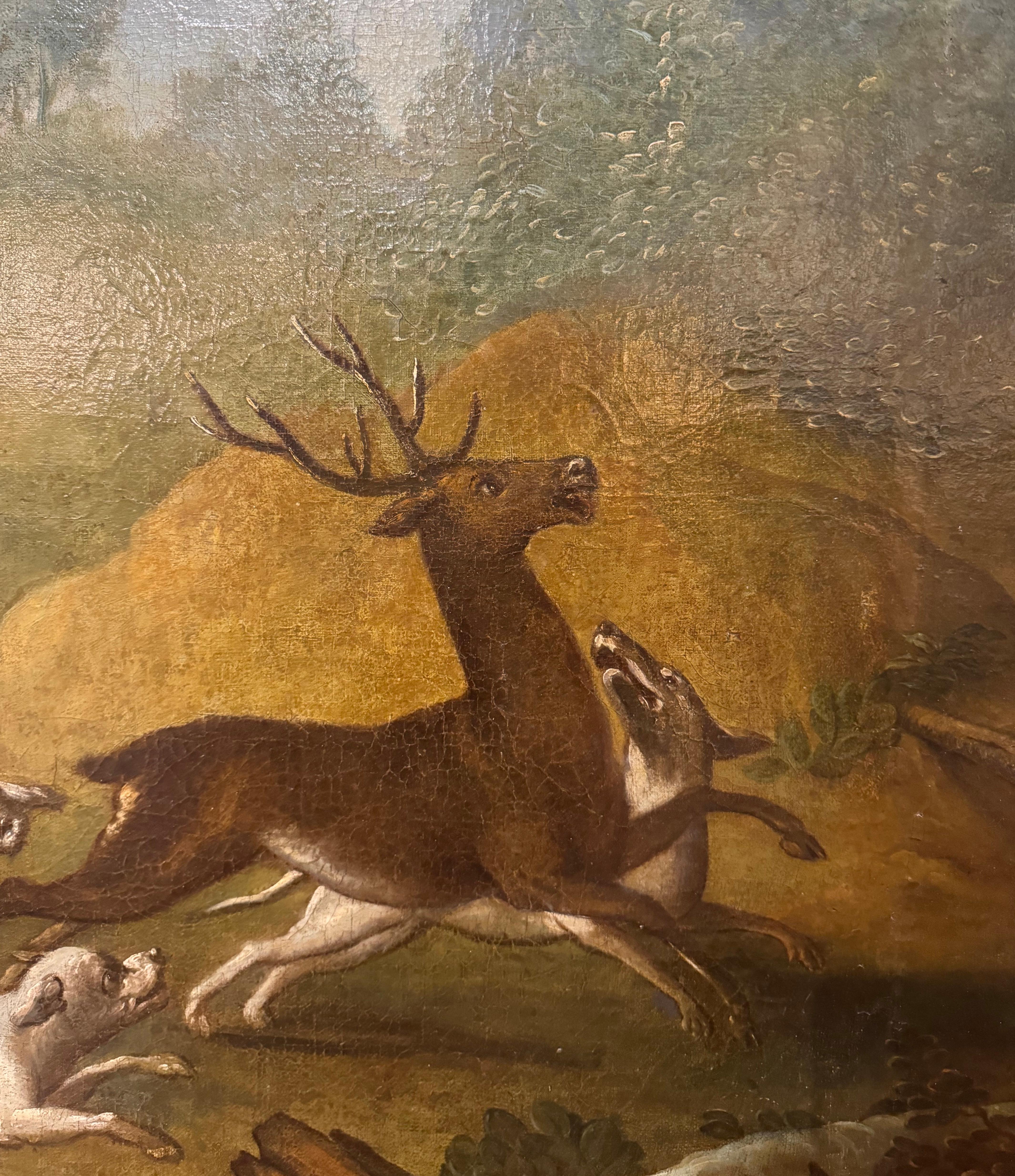 18th Century French Oil on Canvas Hunt Scene Painting in Gilt and Black Frame 3