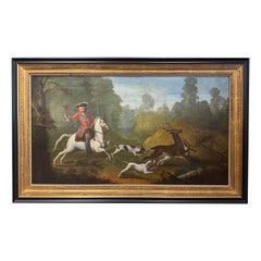 18th Century French Oil on Canvas Hunt Scene Painting in Gilt and Black Frame