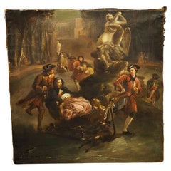 18th Century French Oil on Canvas, “Ice Skating in the Gardens of the Chateau”