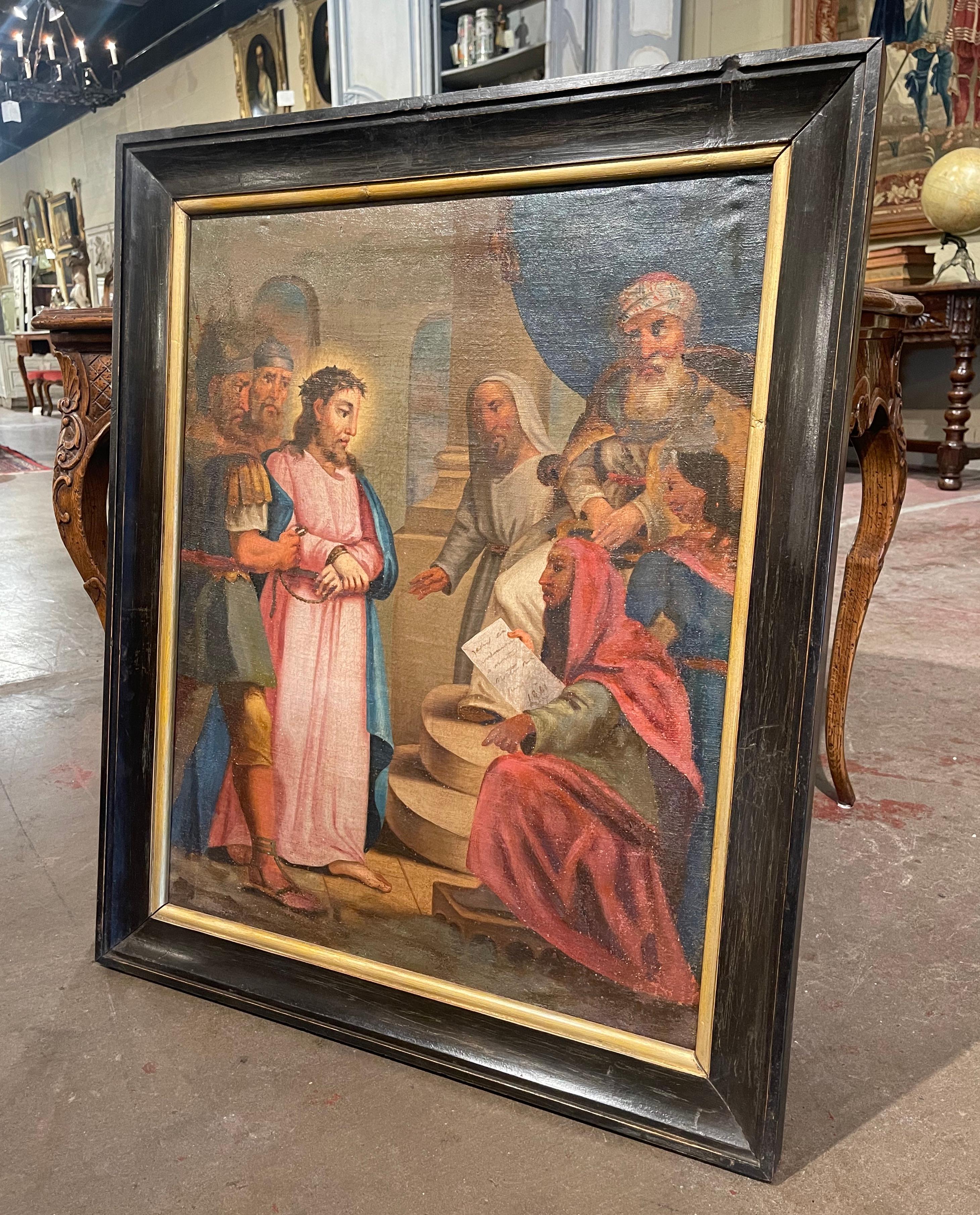 Decorate a wall with this colorful religious antique painting. Created in France, circa 1780, the artwork is set in the original frame and depicts the first station of the cross 