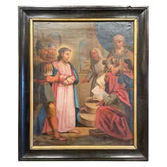 Dipinto olio su tela francese del XVIII secolo "Prima stazione della croce".