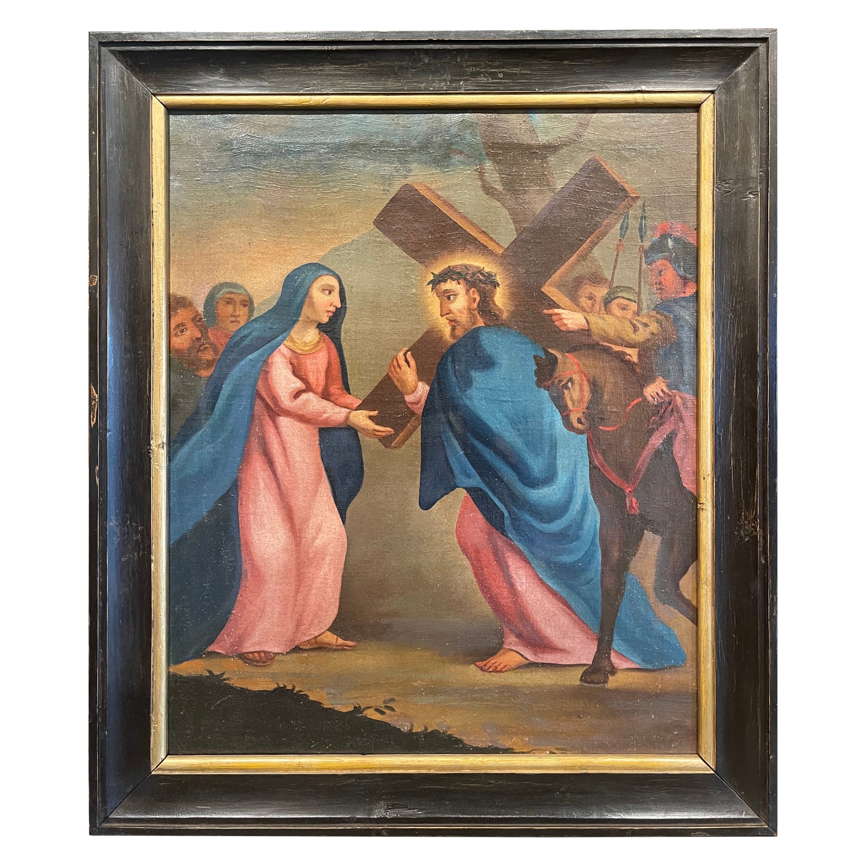 Pittura francese a olio su tela del XVIII secolo "Quarta stazione della Via Crucis".