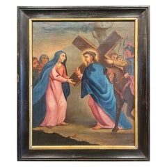 Pittura francese a olio su tela del XVIII secolo "Quarta stazione della Via Crucis".