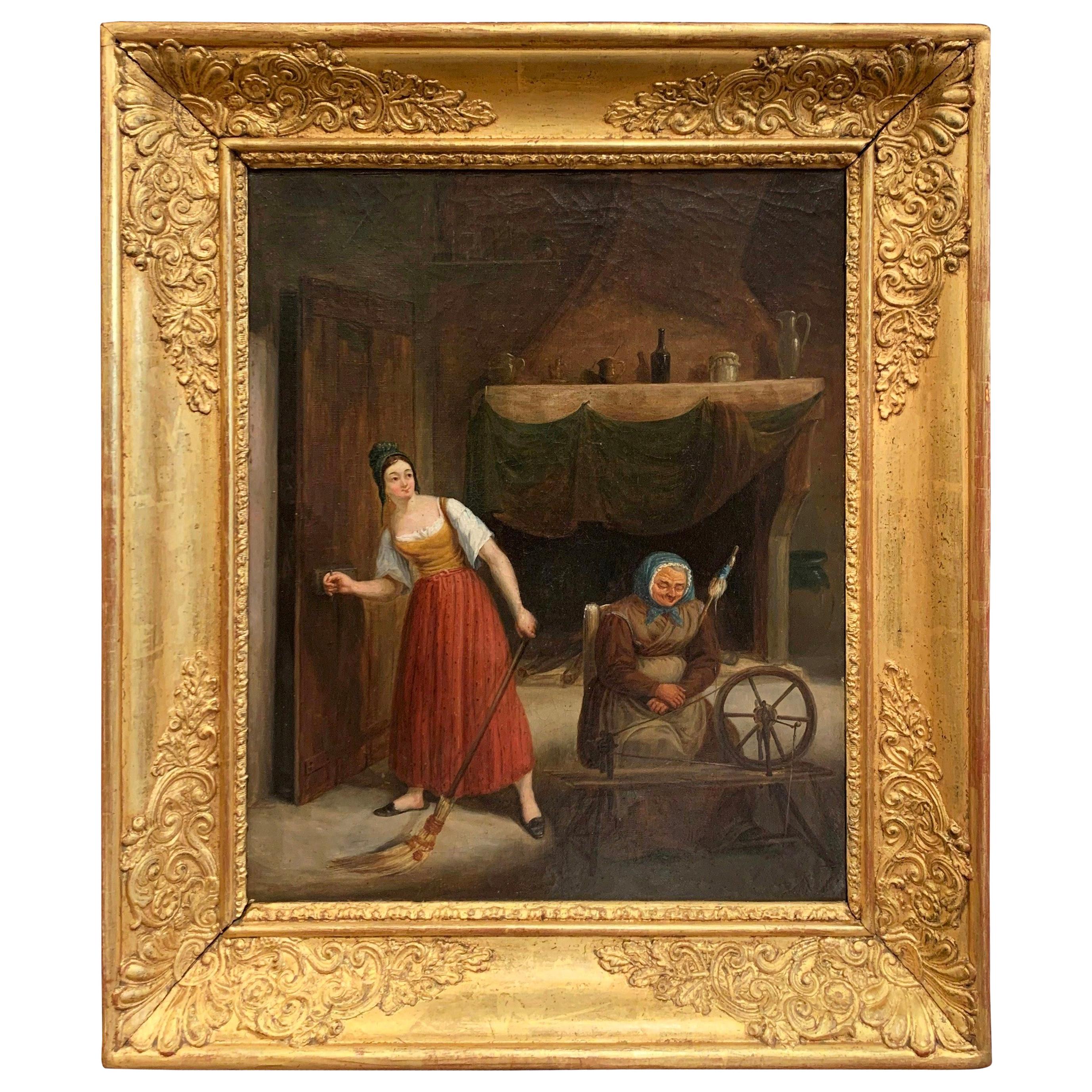 18th Century French Oil on Canvas Painting in Carved Giltwood Frame