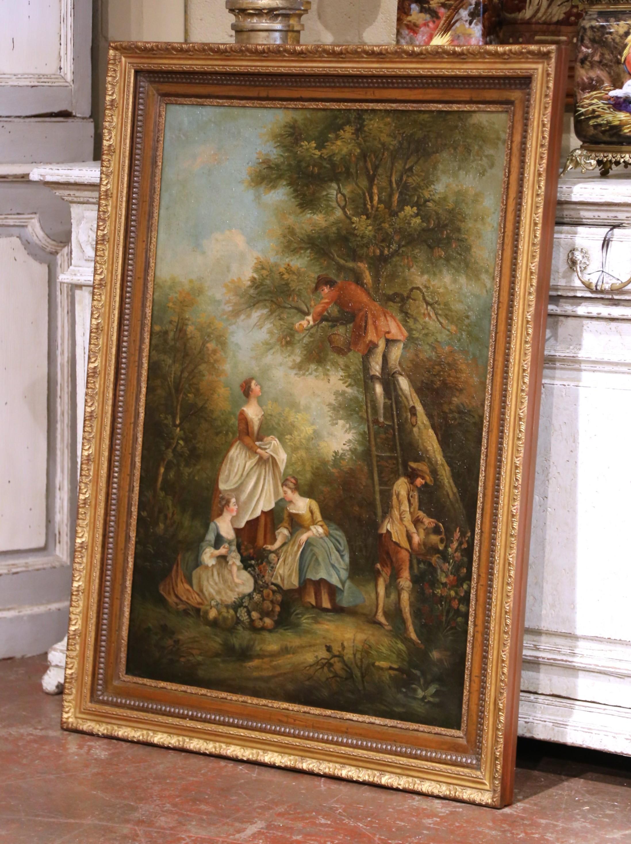 Decorate a living or dining room with this large antique French pastoral painting. Created circa 1780 and inspired by the works of François Boucher (1703–1770), the celebrated court painter to Louis XV, the oil on canvas captures the idyllic charm