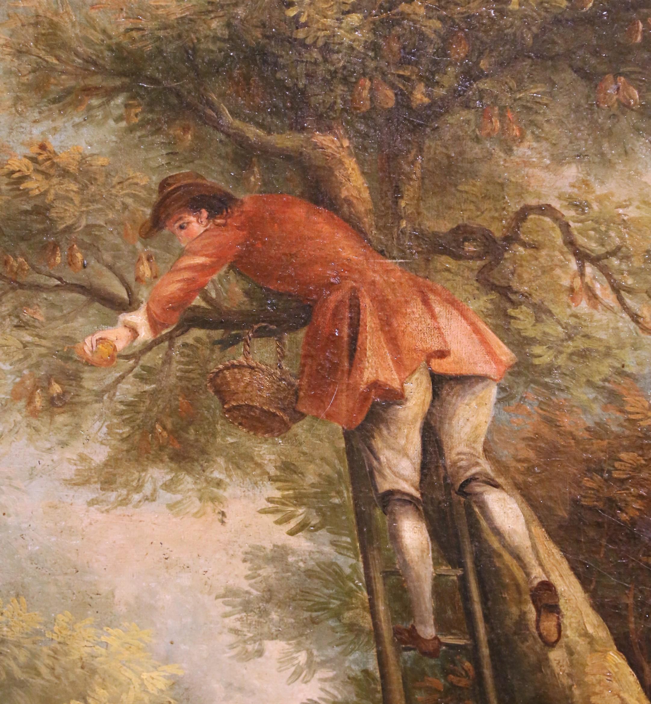 Carved 18th Century French Oil on Canvas Painting “Pear Picking” After François Boucher For Sale