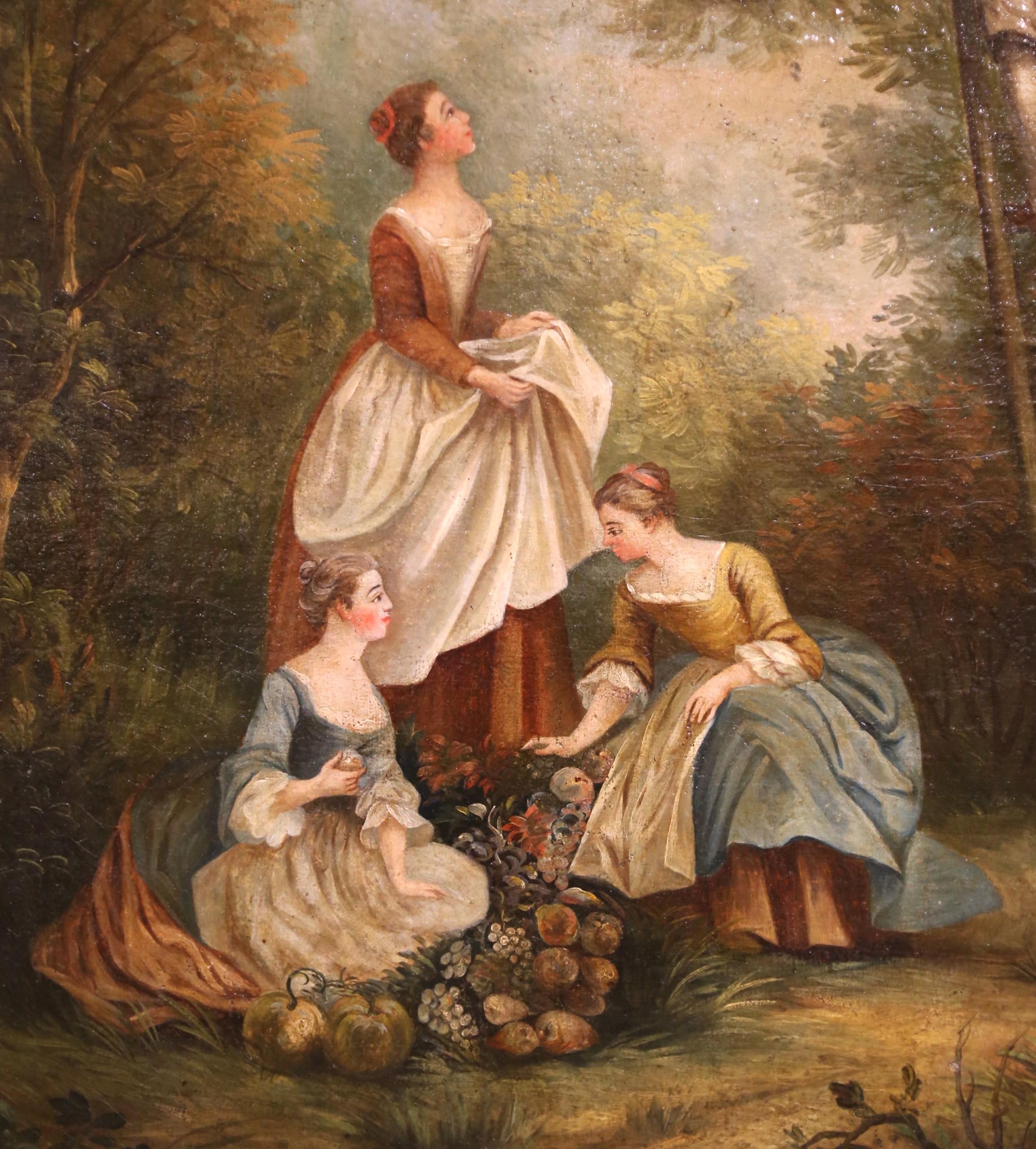 18th Century French Oil on Canvas Painting “Pear Picking” After François Boucher In Excellent Condition For Sale In Dallas, TX
