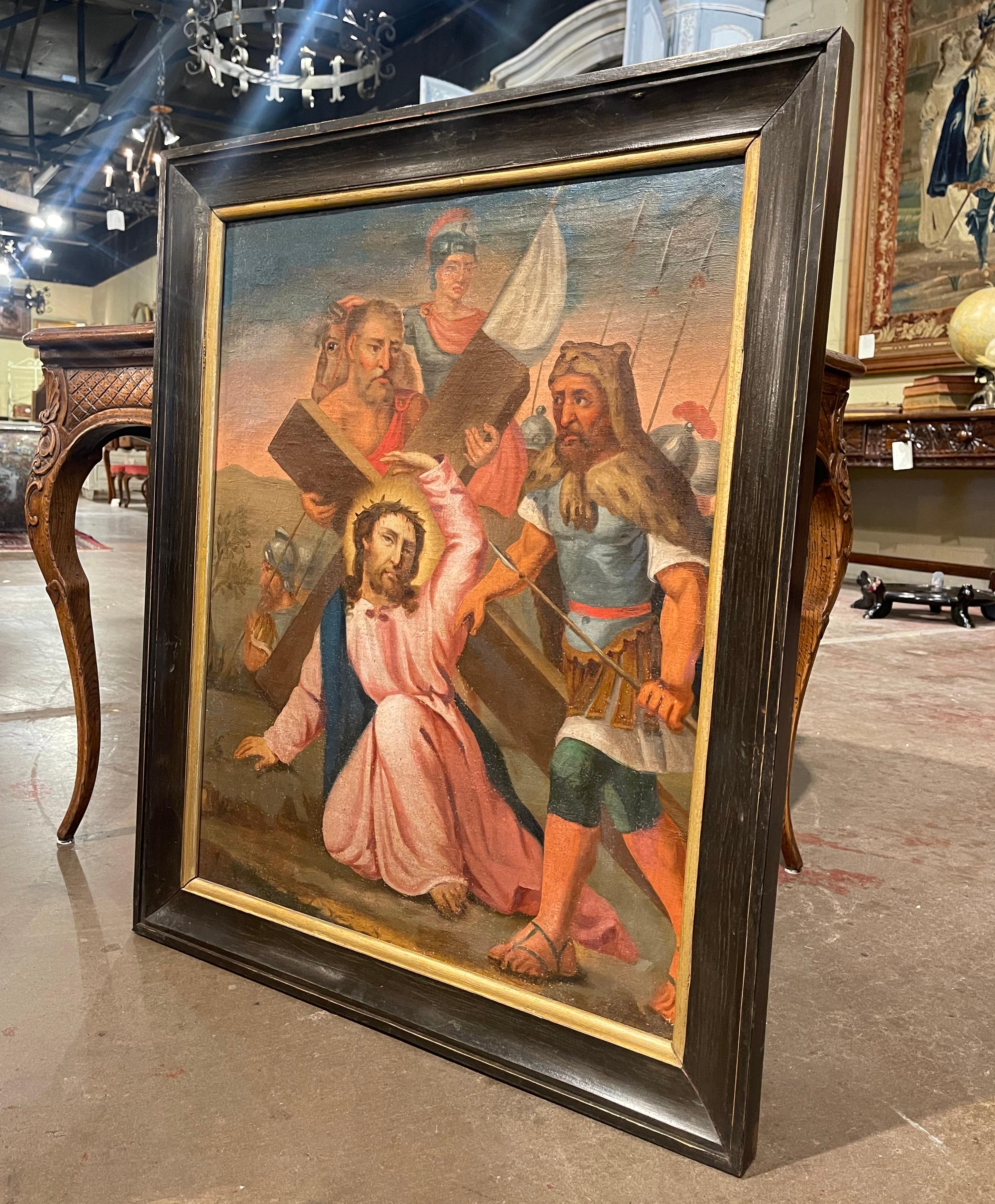 Decorate a wall with this colorful religious antique painting. Created in France, circa 1780, the artwork is set in the original frame and depicts the 