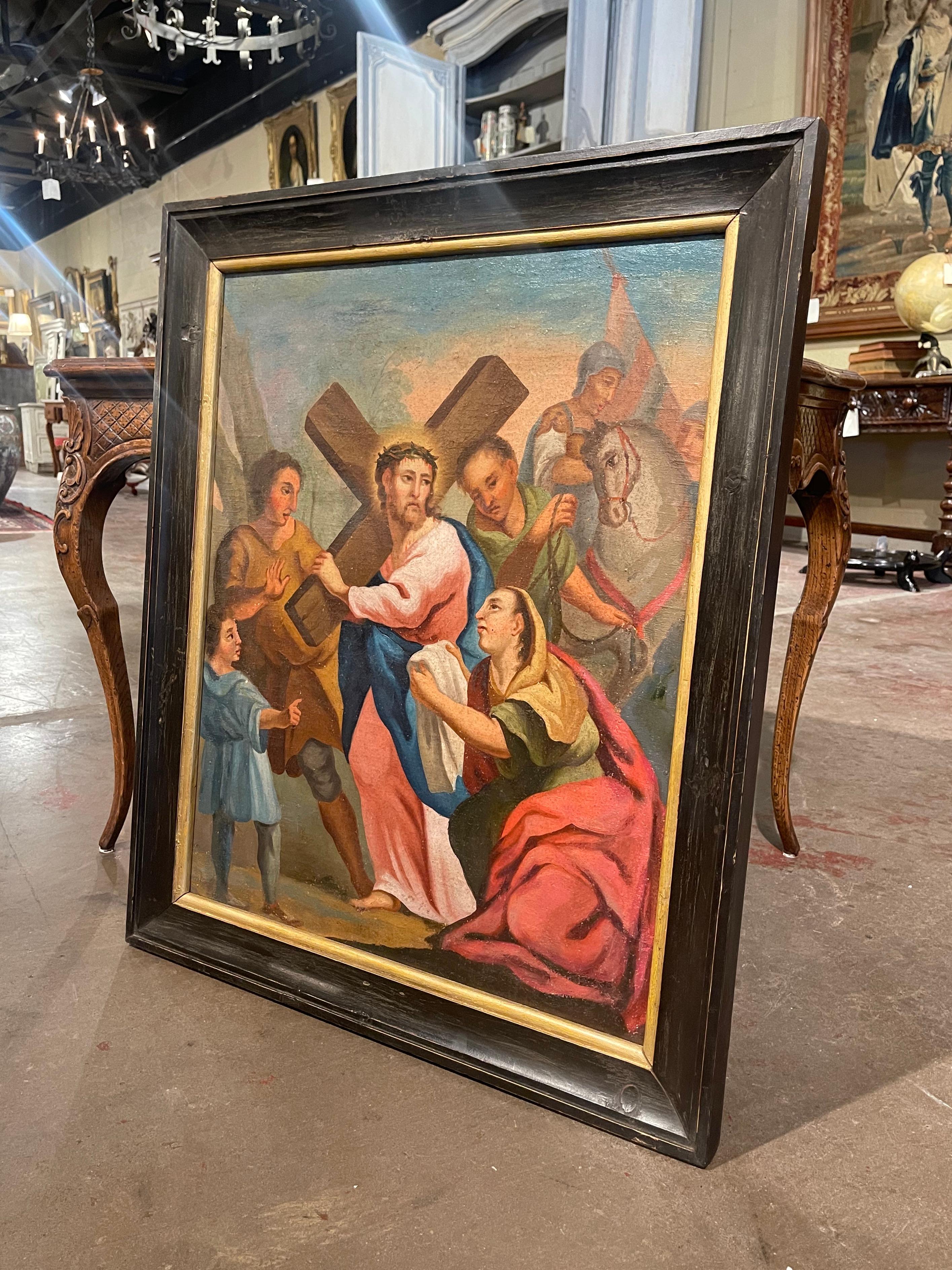 Decorate a wall with this colorful religious antique painting. Created in France, circa 1780, the artwork is set in the original frame and depicts the 6th station of the cross 