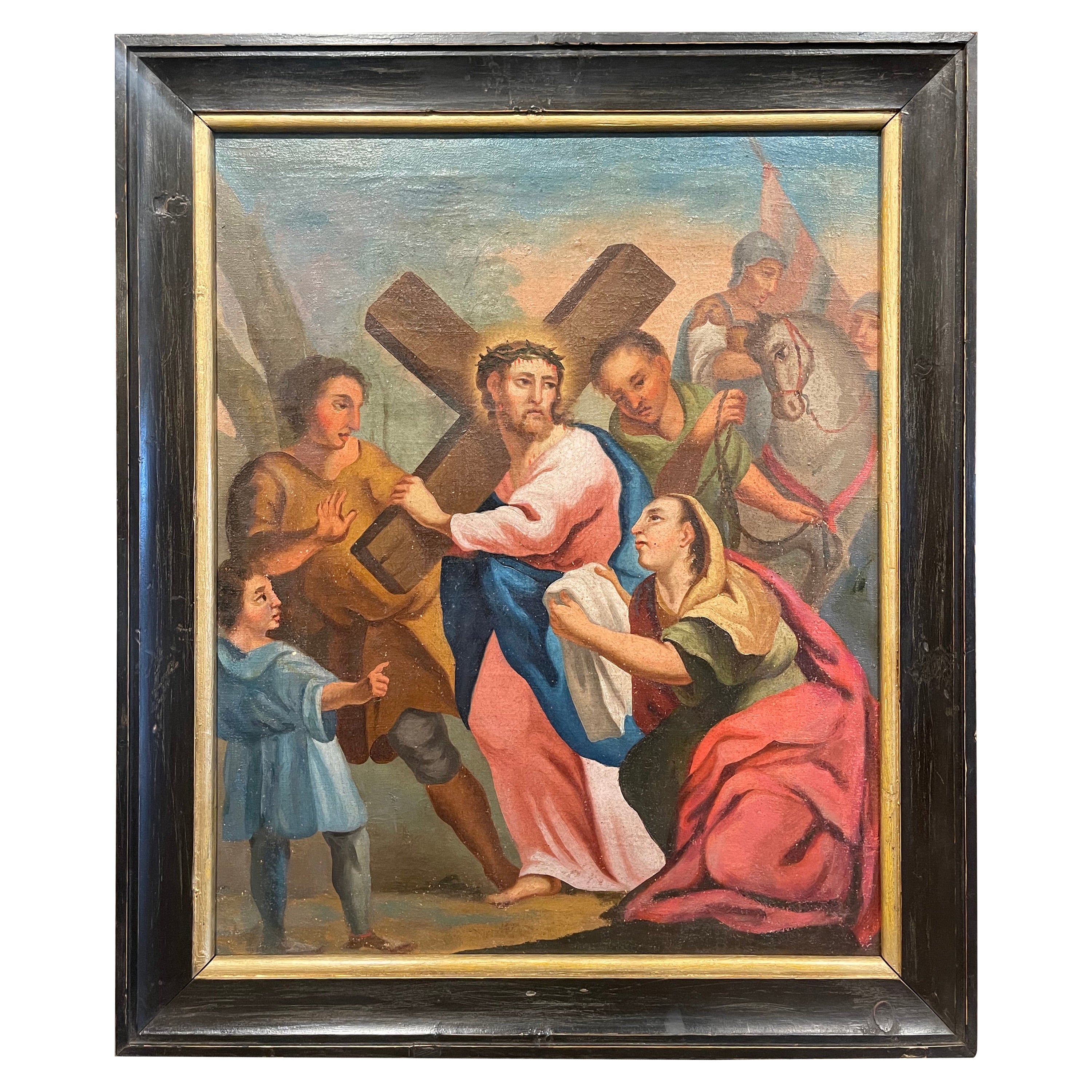 Olio su tela francese del XVIII secolo "Sesta stazione della Via Crucis"
