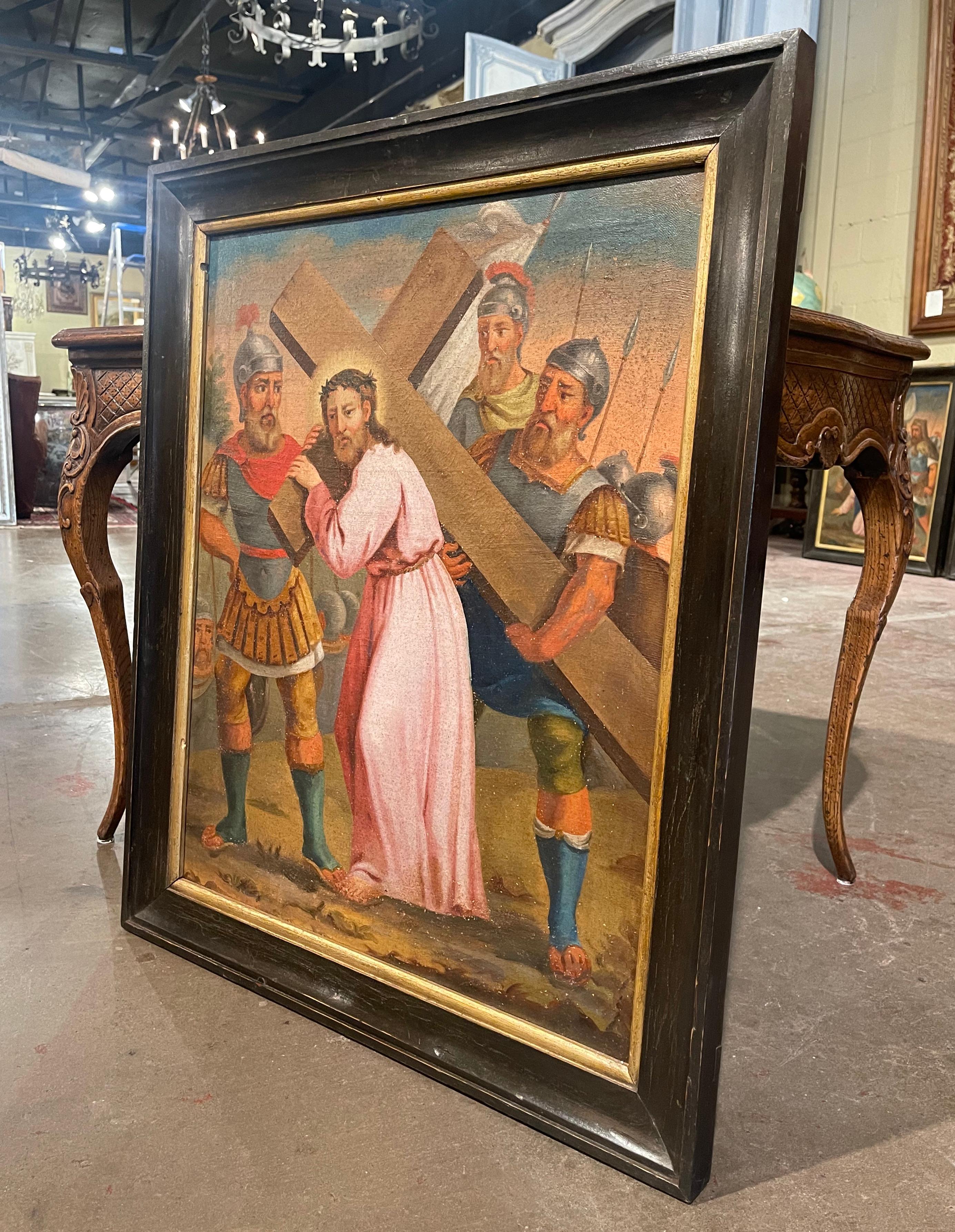 Decorate a wall with this colorful religious antique painting. Created in France, circa 1780, the artwork is set in the original frame and depicts the 