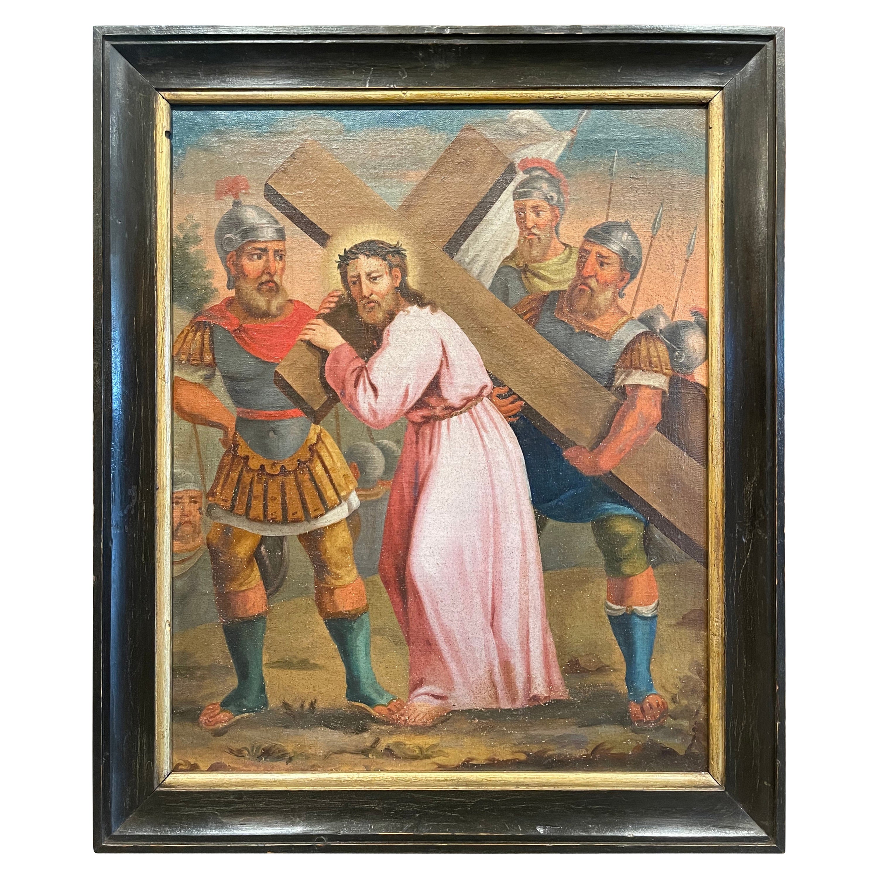 Dipinto olio su tela francese del XVIII secolo "La quinta stazione della Via Crucis".
