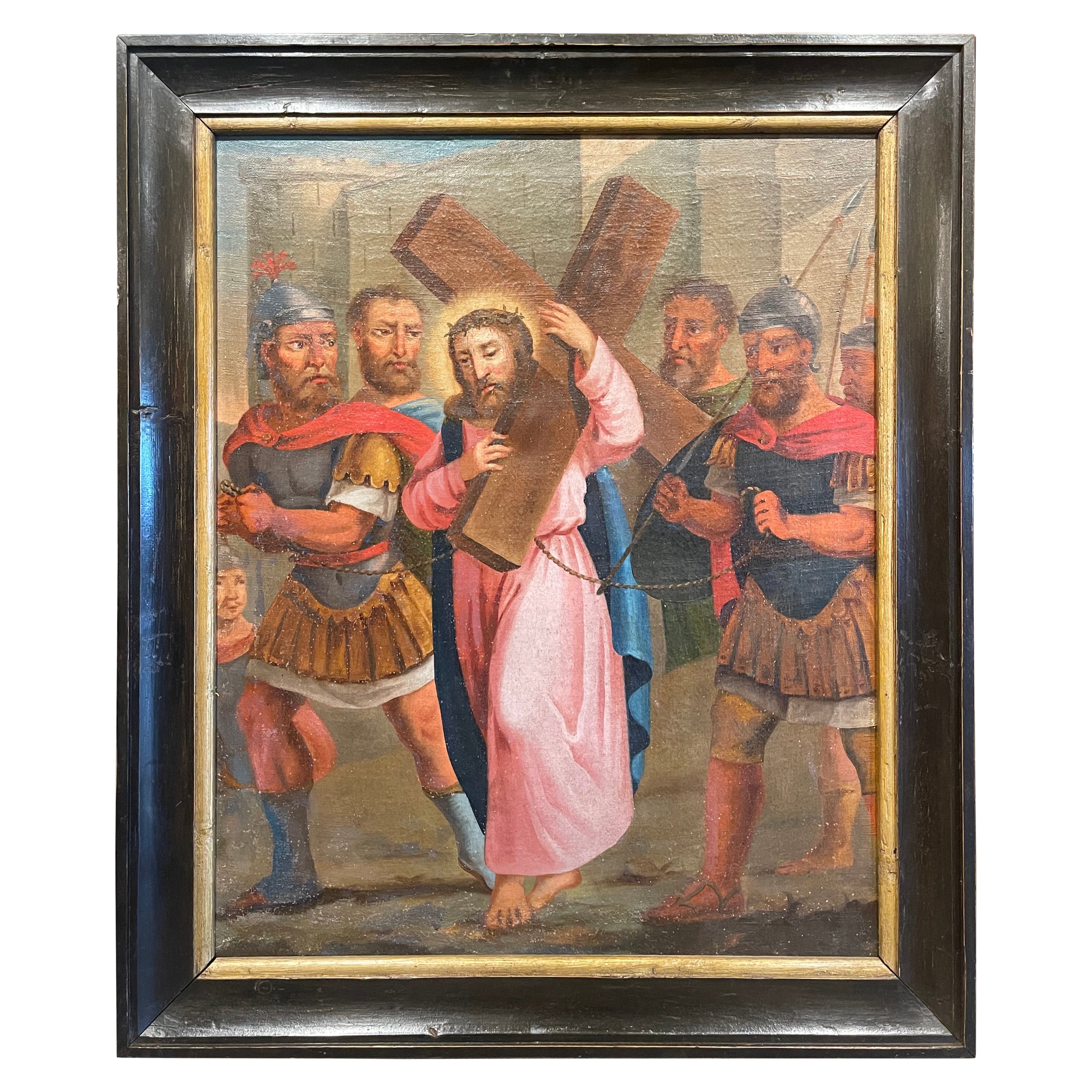 Dipinto olio su tela francese del XVIII secolo "La seconda stazione della Via Crucis".