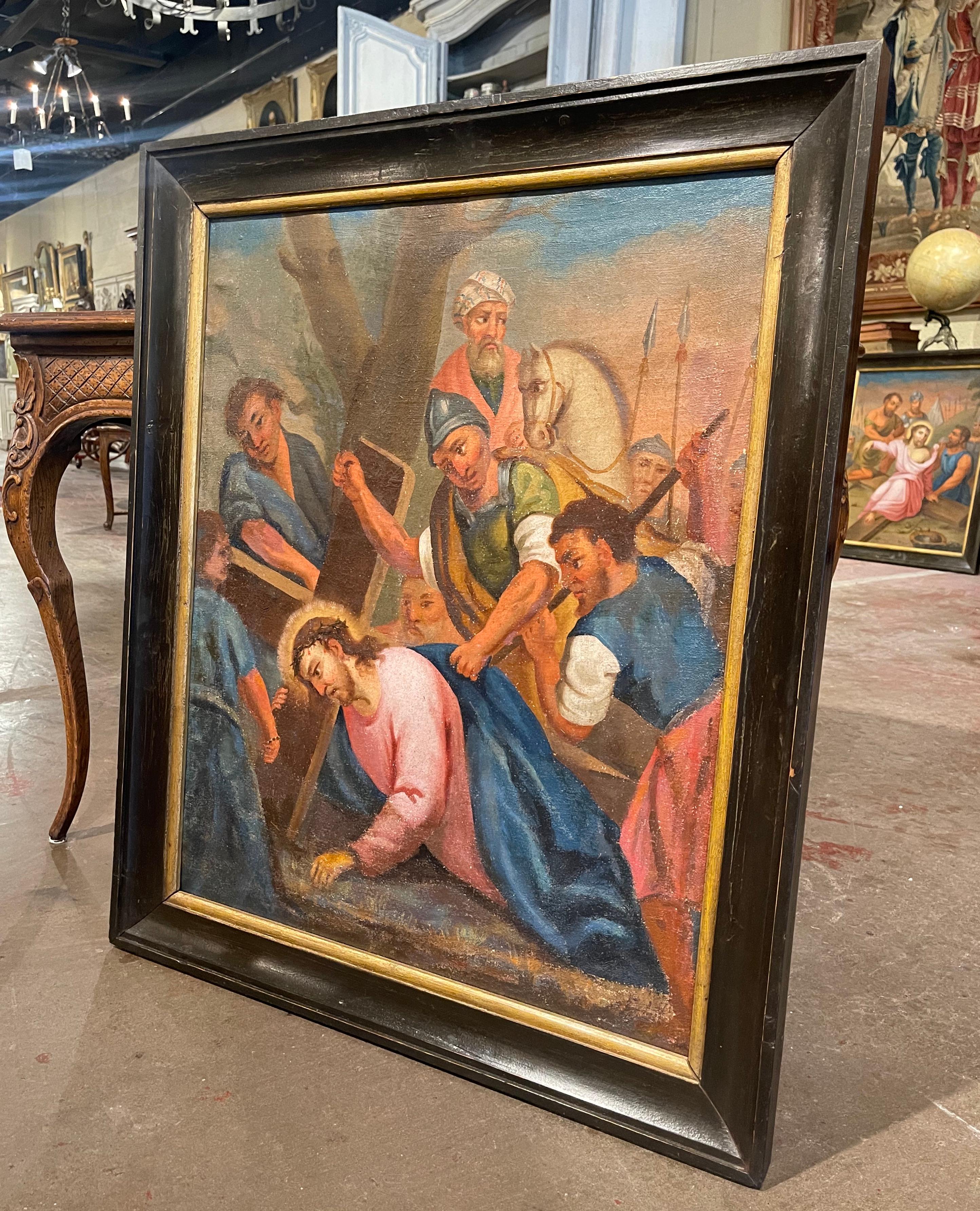 Decorate a wall with this colorful religious antique painting. Created in France, circa 1780, the artwork is set in the original frame and depicts the 3th station of the cross 