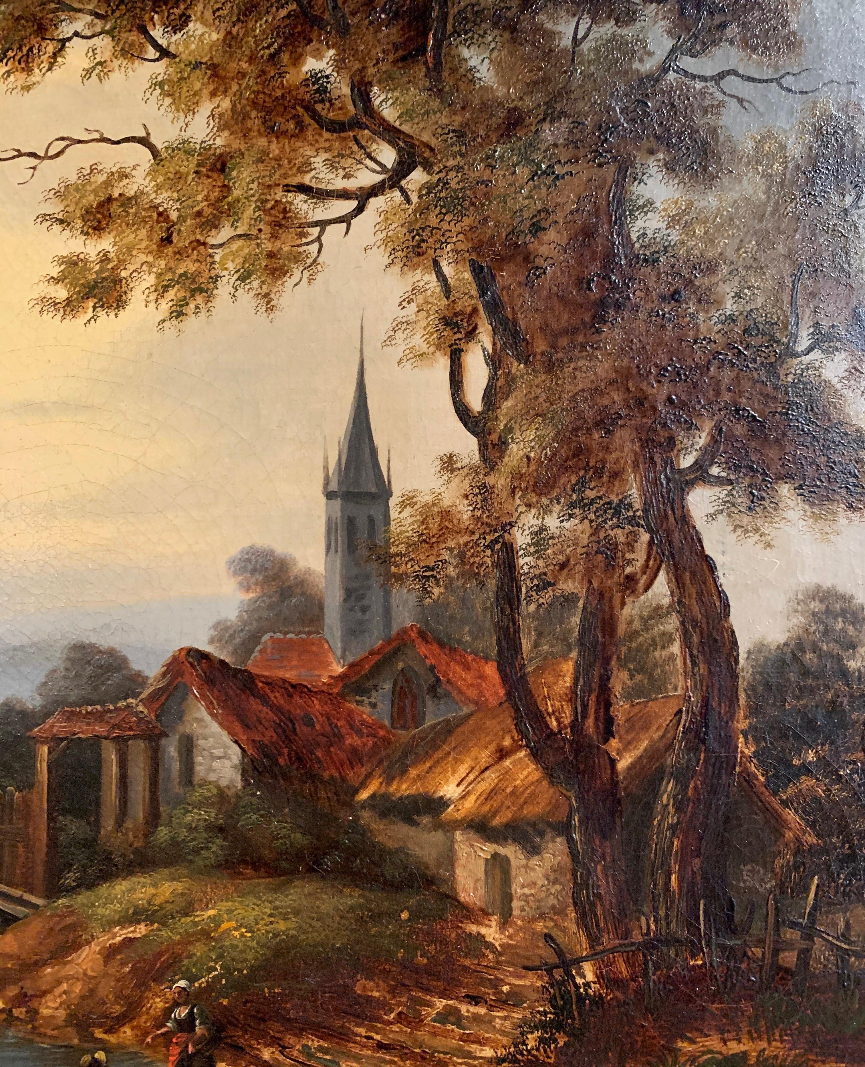 Huile sur toile du XVIIIe siècle, peinture pastorale dans un cadre doré sculpté en vente 5