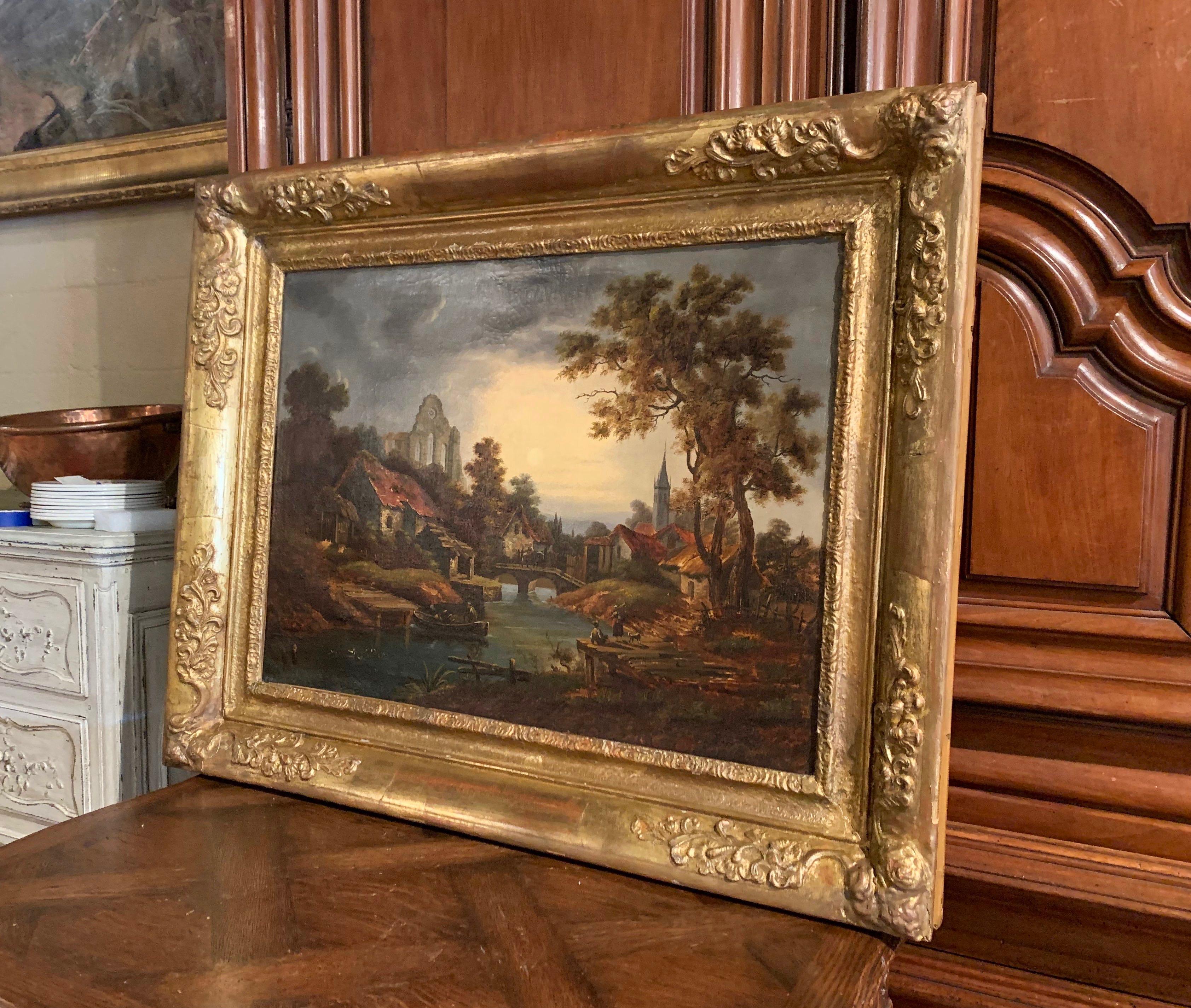 Huile sur toile du XVIIIe siècle, peinture pastorale dans un cadre doré sculpté en vente 6