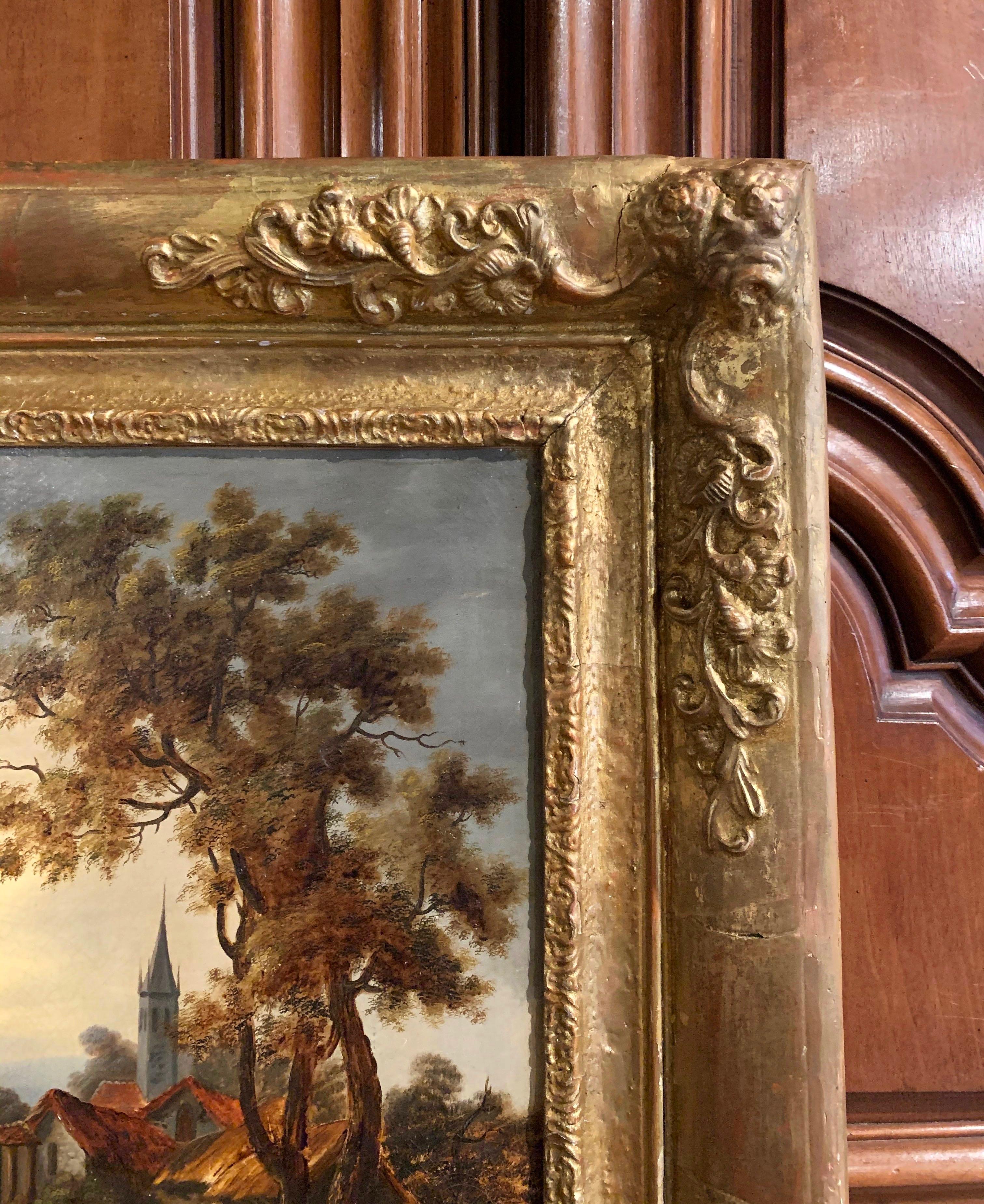 Huile sur toile du XVIIIe siècle, peinture pastorale dans un cadre doré sculpté en vente 7