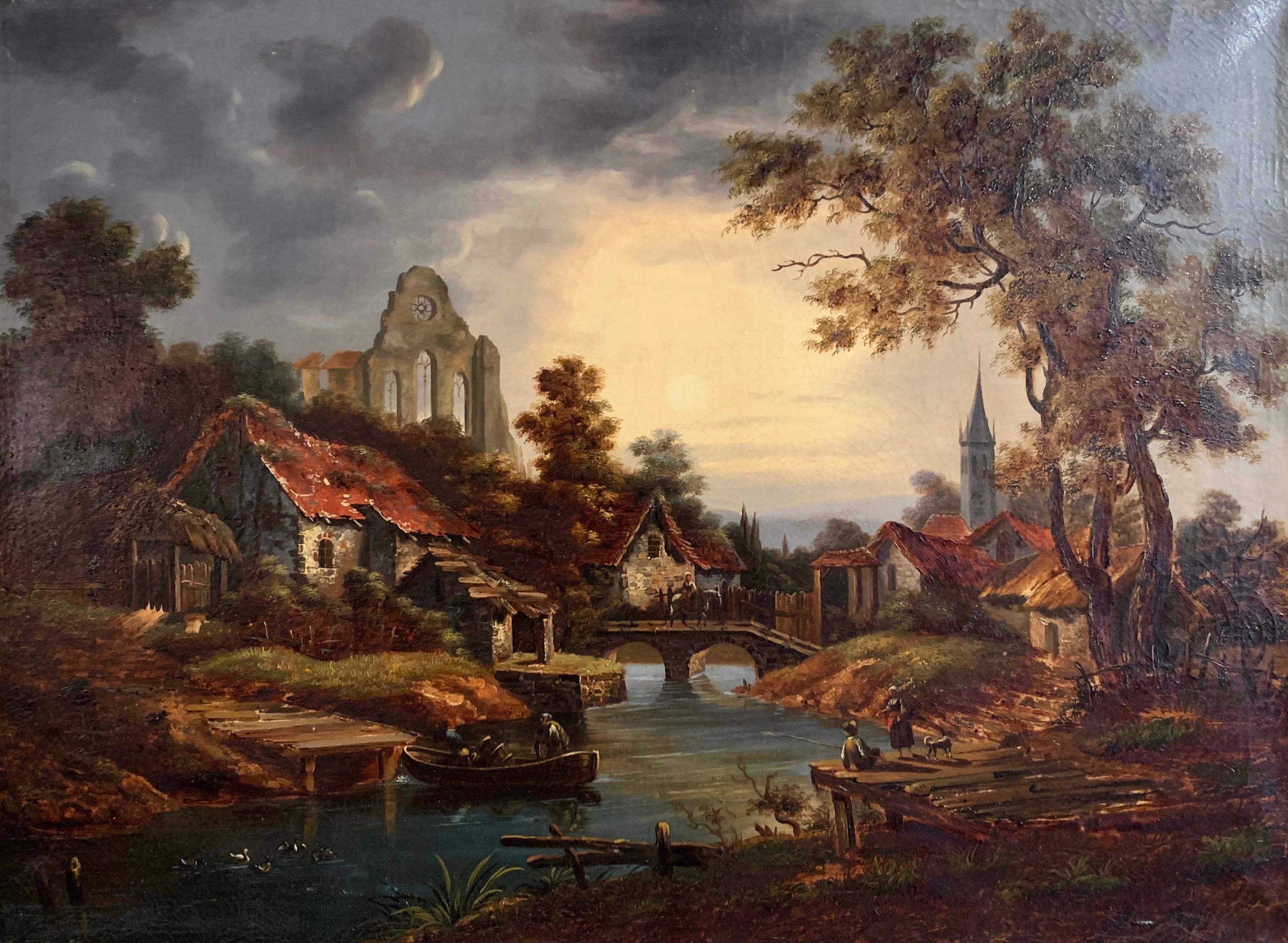 Set in the original carved gilt frame and painted in France circa 1780, this antique painting depicts a typical pastoral French village in a landscape landscape, with pond, fishermen and farmers. The artwork features wonderful details, including the
