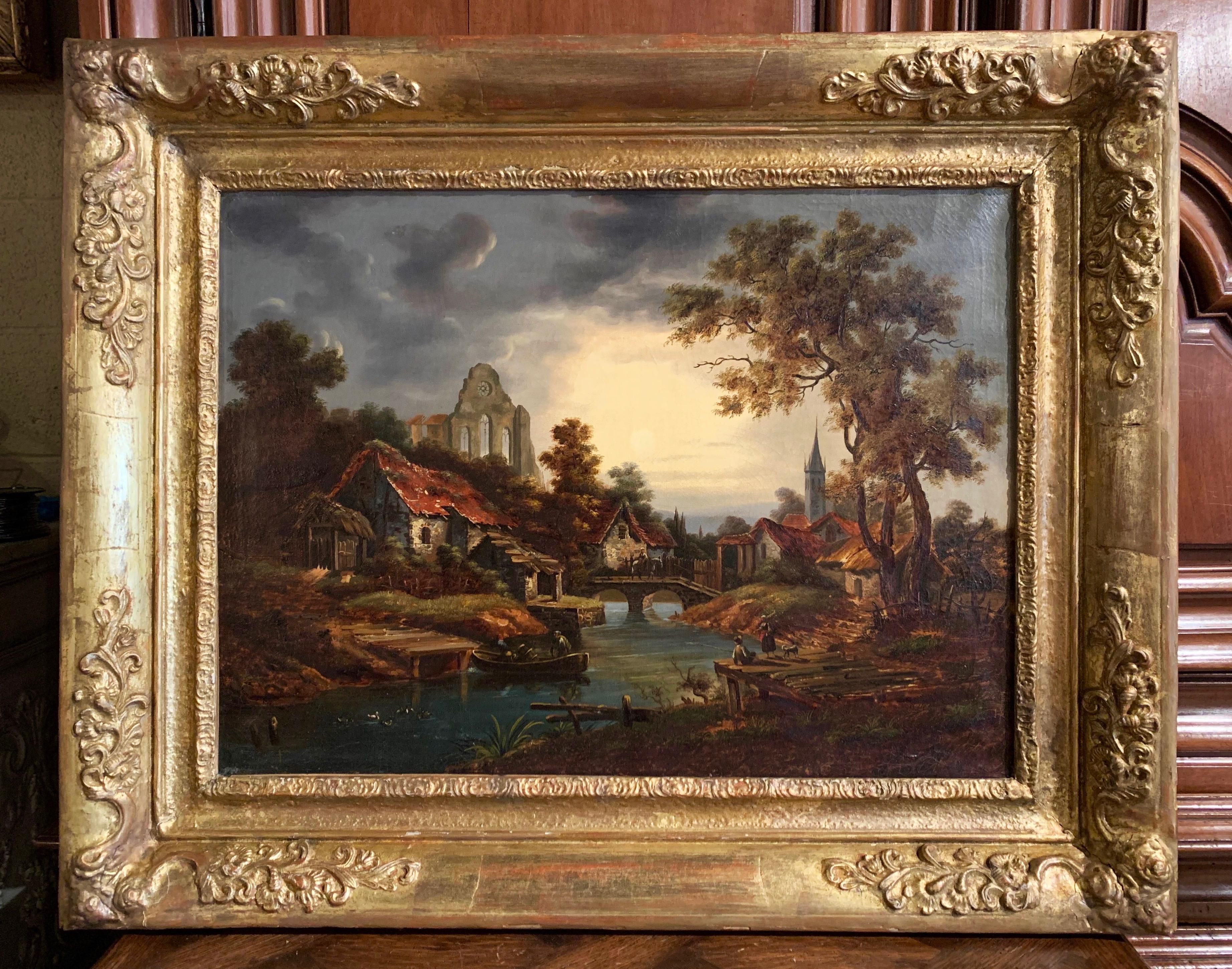 18th Century French Oil on Canvas Pastoral Painting in Carved Gilt Frame For Sale 1