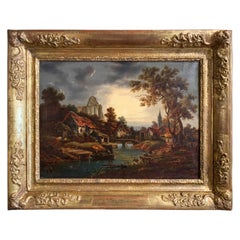 18th Century French Oil on Canvas Pastoral Painting in Carved Gilt Frame